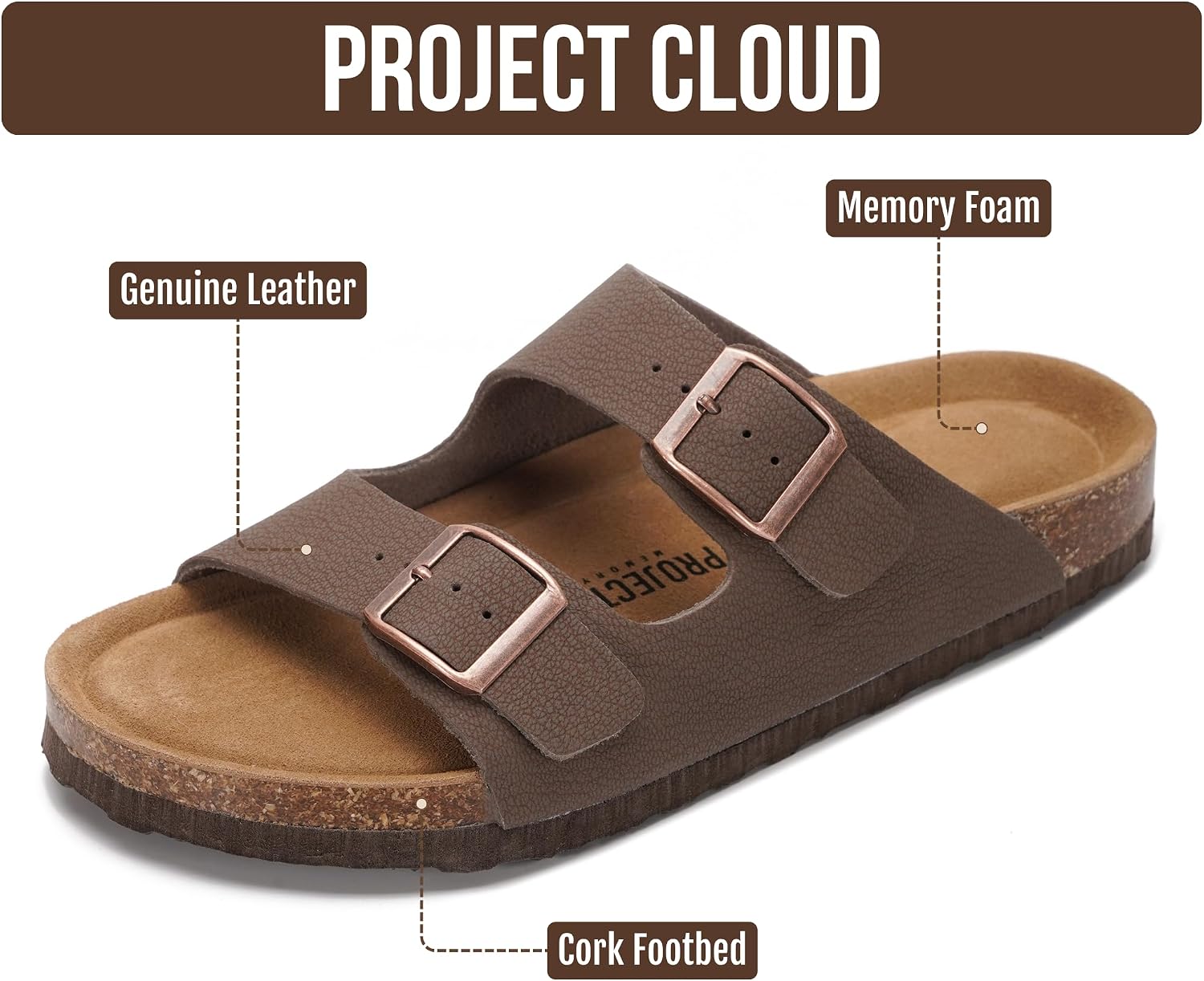 Project Cloud 100% Genuine Leather Flat Sandals For Women 2026 Cork Footbed Womens Sandals with Memory Foam and arch support Vacation Essentials Slides for Women Footwear (Venita)