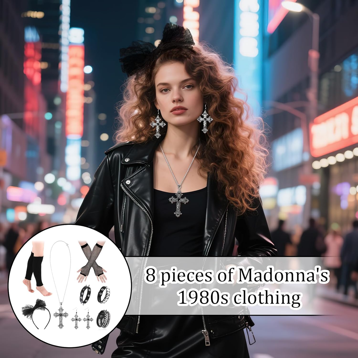 80s Costume Accessories for Women, Punk Rock Jewelry Set with Cross Necklace, Vintage Outfits for Women Retro Party - Image 5