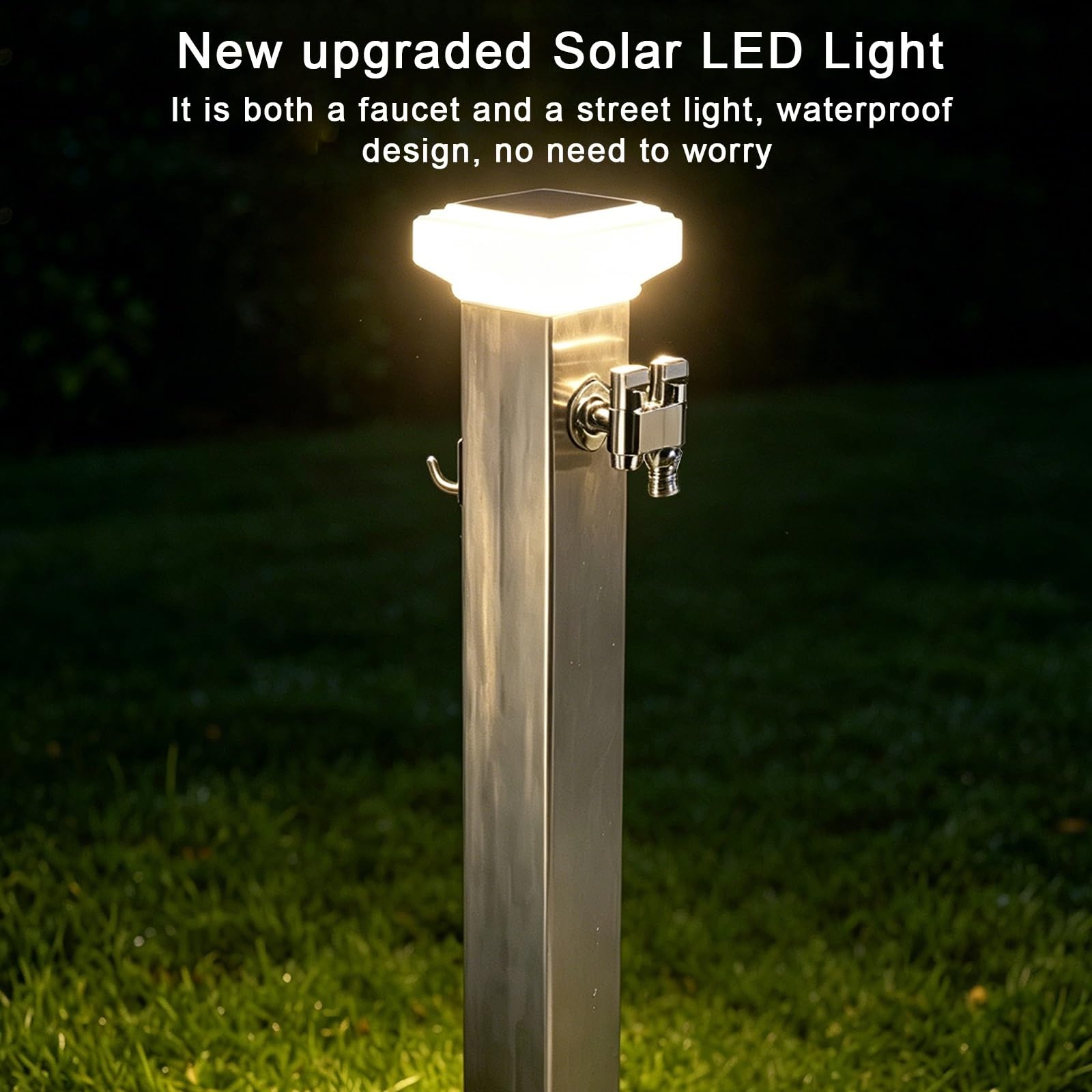 Lampa solarna kolumna wodna, fontanna ogrodowa, stojak ze stali nierdzewnej z kranem, konstrukcja zapobiegająca zamarzaniu, do nawadniania i mycia podwórka