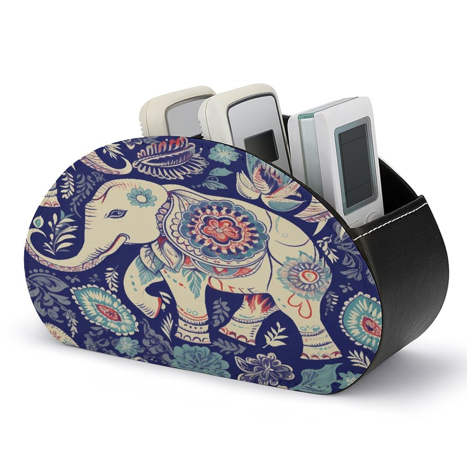 VstaDank Boho Elephant Remote Control Holder with 5 Compartments PU Leather Remote Caddy Desktop Organizer Store TV Remote Control Storage Box for Home Office Desk Nightstand