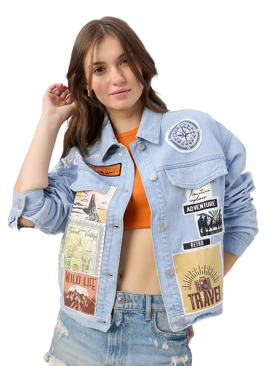 the souled store Wanderer Denim Jacket Women and Girls Long Sleeves Collared Neck Button Front Blue Patch Worked Cotton Oversized Denim Jackets-picture-41