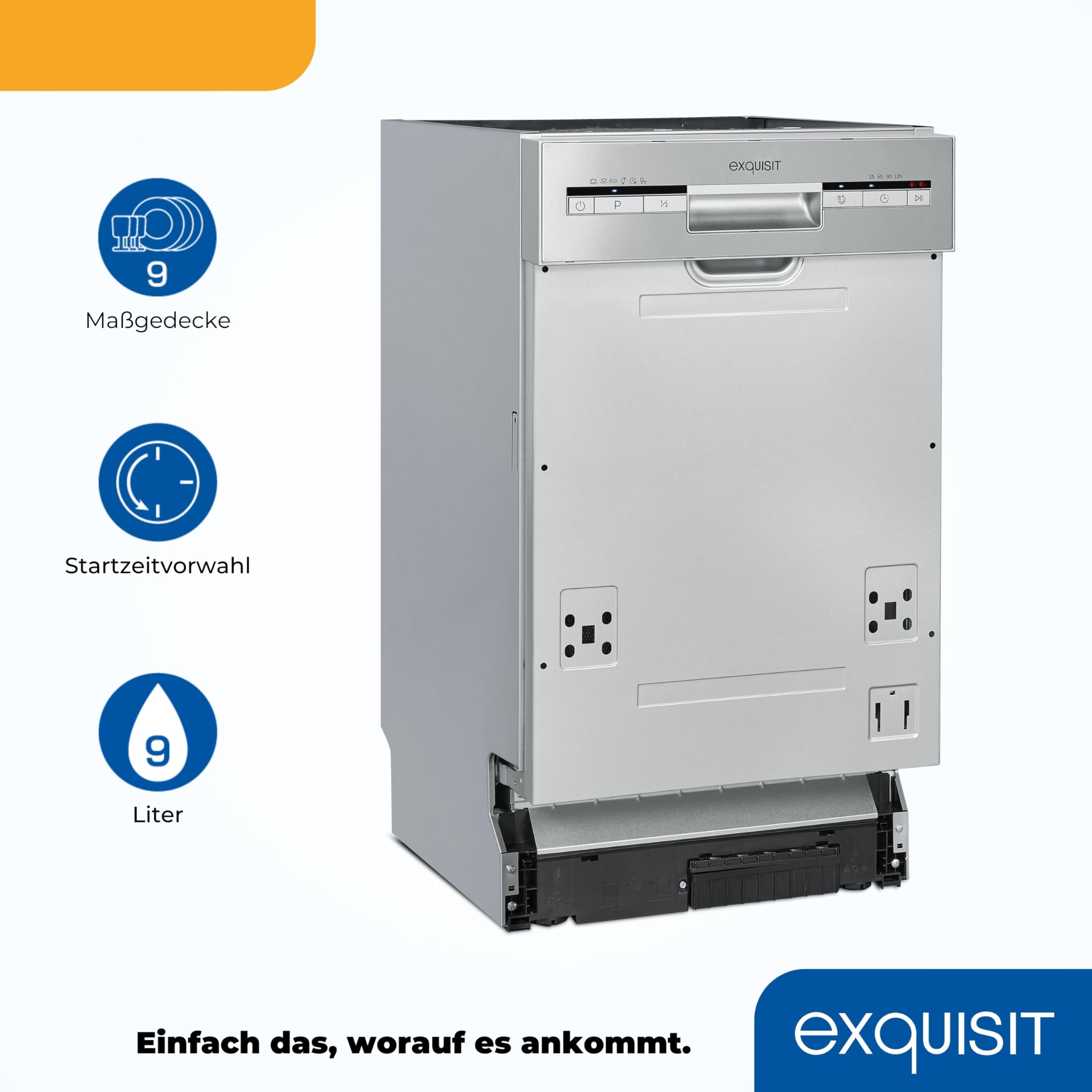 Exquisit Einbaugeschirrspüler 45 cm Teilintegriert Inox 9 Maßgedecke 6 Programme ECO Glas 9 L Wasserverbrauch Startzeitvorwahl EGSP51009-EB-030E