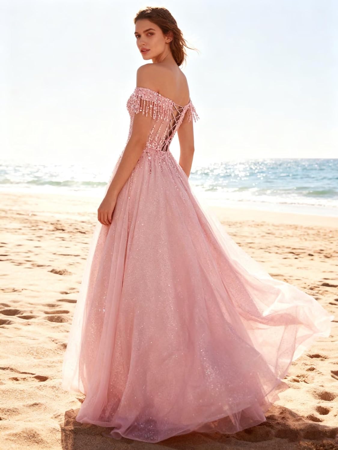 Off Shoulder Beaded Prom Dresses Sparkly Tulle Ball Gown Flowy A Line Formal Evening Dress - Image 2