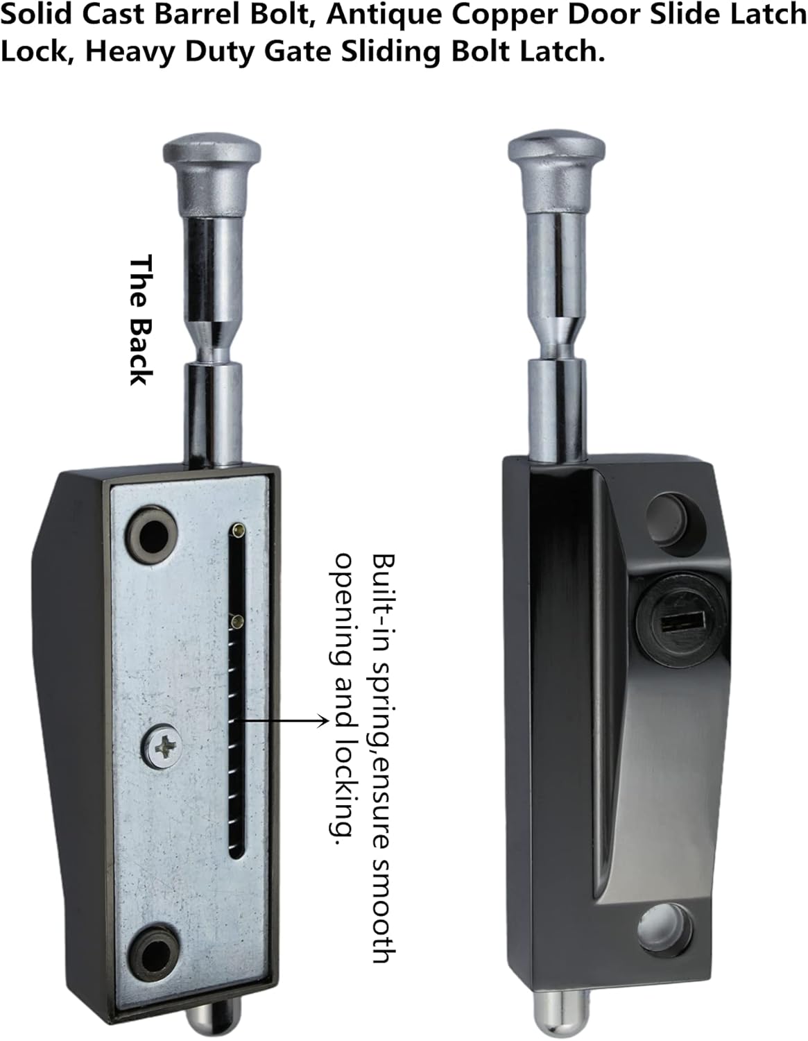 Spring Loaded Latch pin Black Heavy Duty Sliding Bolt Marine Grade,Barrel Bolt Thickened Vertical Latch Door Lock Cane Bolts for Gates Garage barn Double Door (Black)