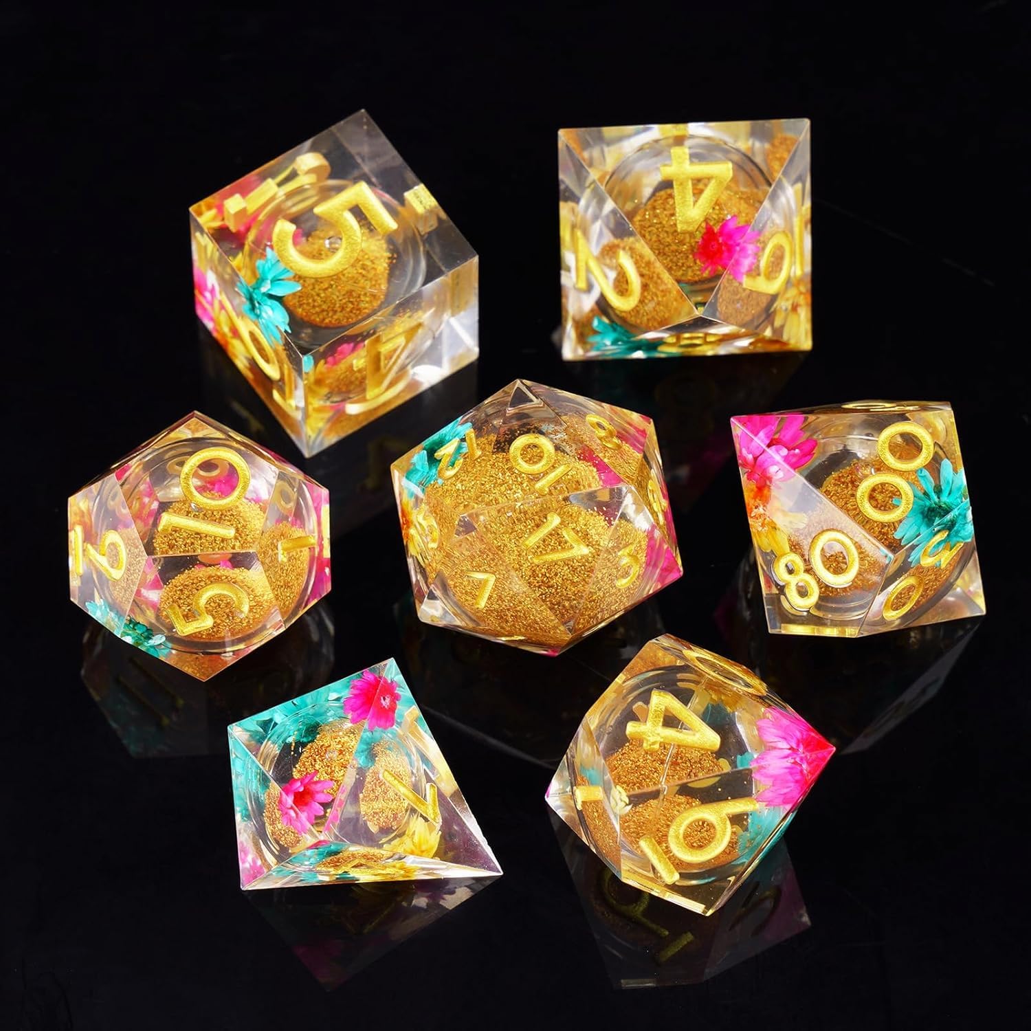 ORUZA 7 PCS Liquid Core DND Dice Resin Sharp Edge Dice Polyhedral D&D Dice Set for Dungeons and Dragons RPG MTG Role Playing Game Dice D20 D12 D10 D8 D6 D4 D%
