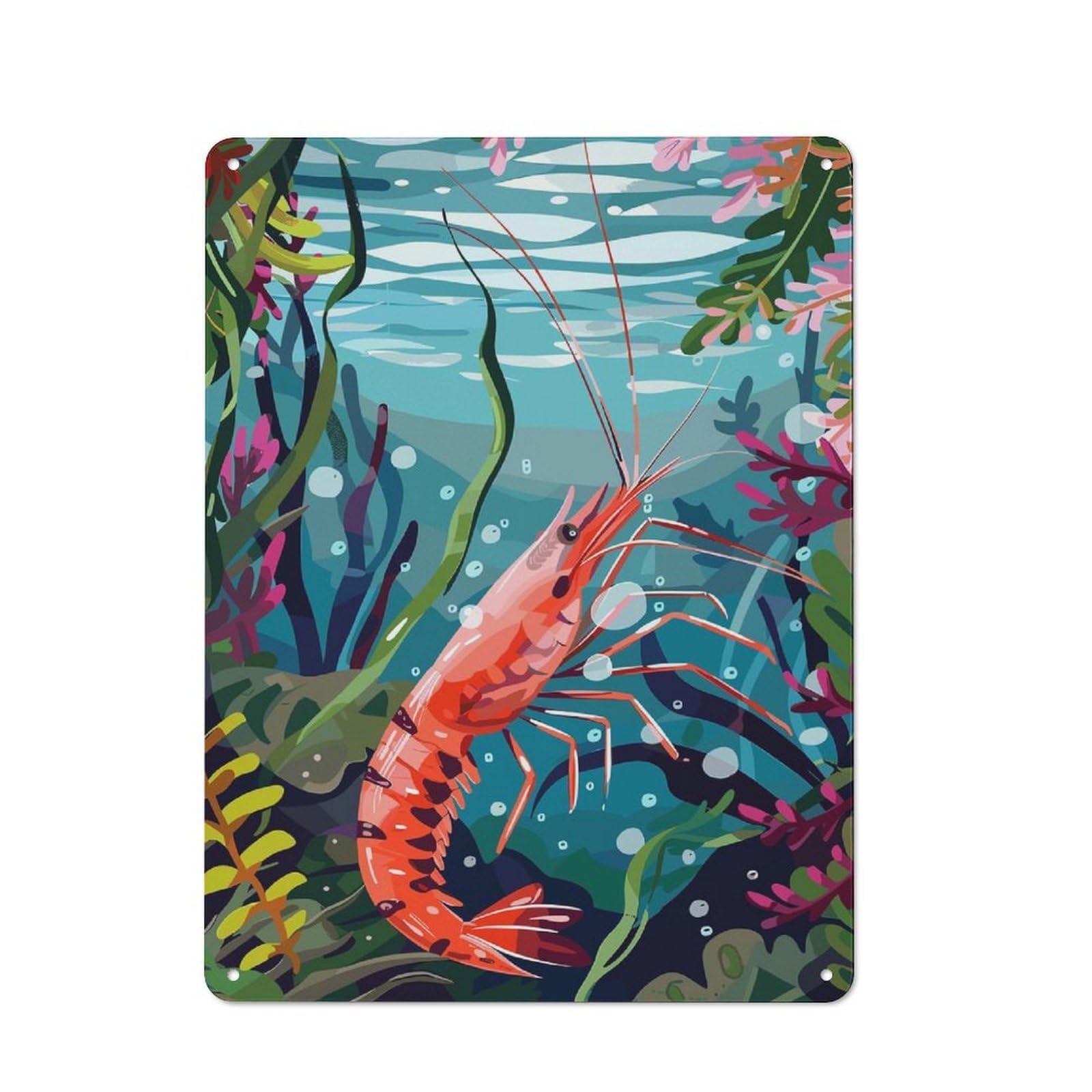 Junmoney Style-13 Tin Wall Plaque 40X30cm With Shrimp Underwater For Café Or Restaurant, New Home Wall Decor For Hospitality Interior Collectors