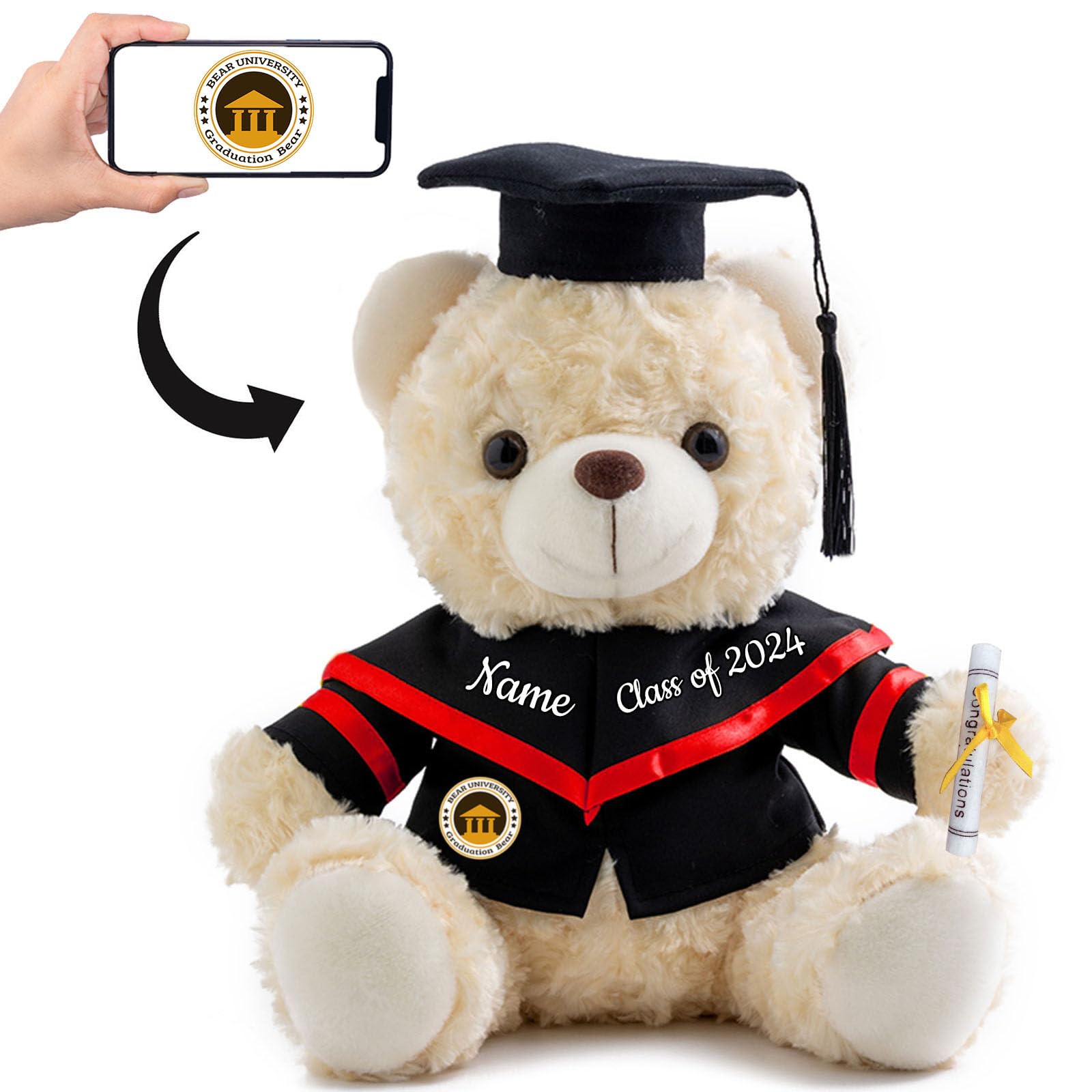 Graduation Bear Class of 2024 Personalised Graduation Gifts with Custom Text+Photo, Teddy Bear Stuffed Animal as Graduation Gifts for Her 2024 High School/ College Graduation Gifts (10-IN-Text+Photo) — image 1