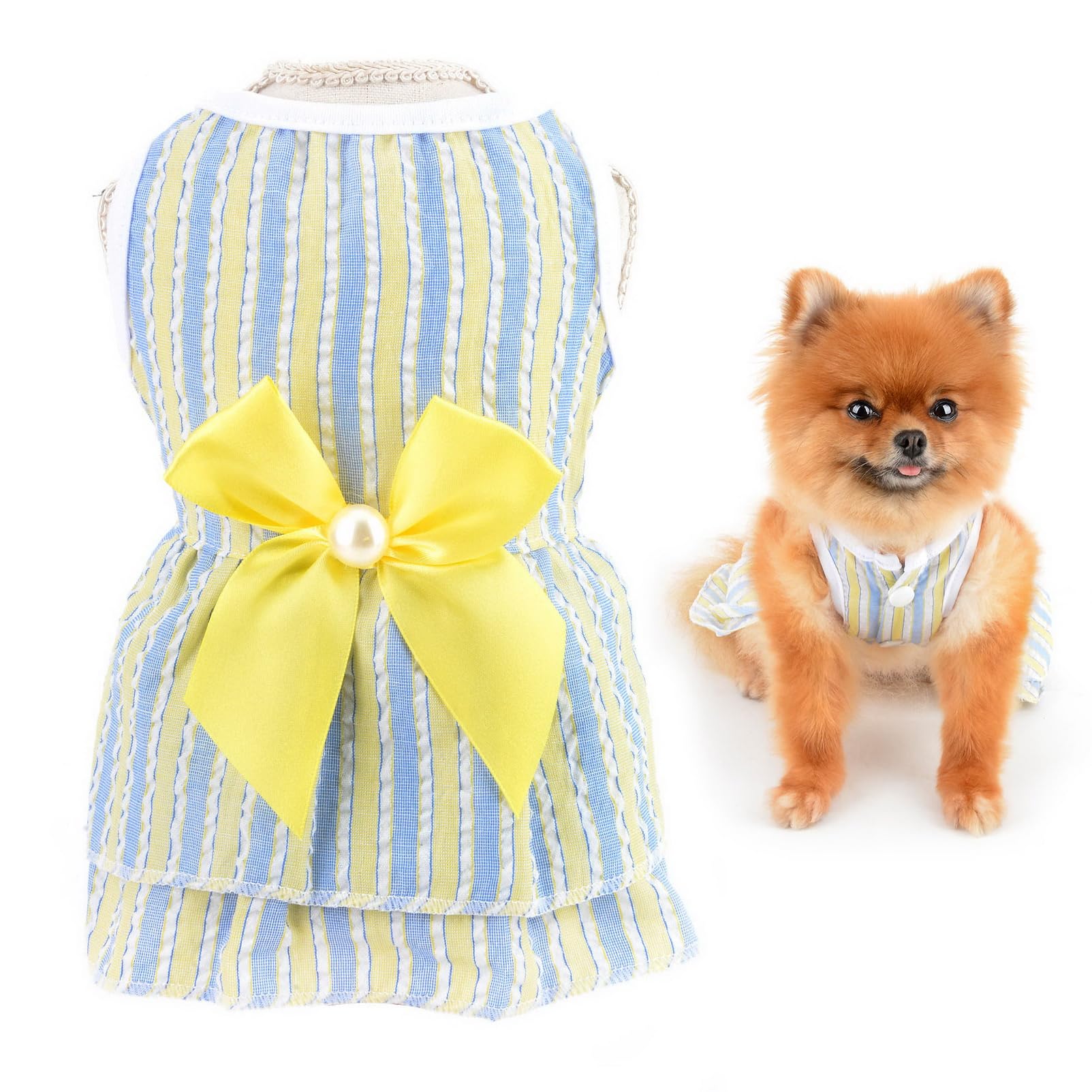 SMALLLEE_LUCKY_STORE Cute Pet Bow Striped Princess Dress for Small Dog Cat Girls Puppy Sundress Tiered Skirt Yorkie Chihuahua Summer Clothes,Yellow,L — image 1