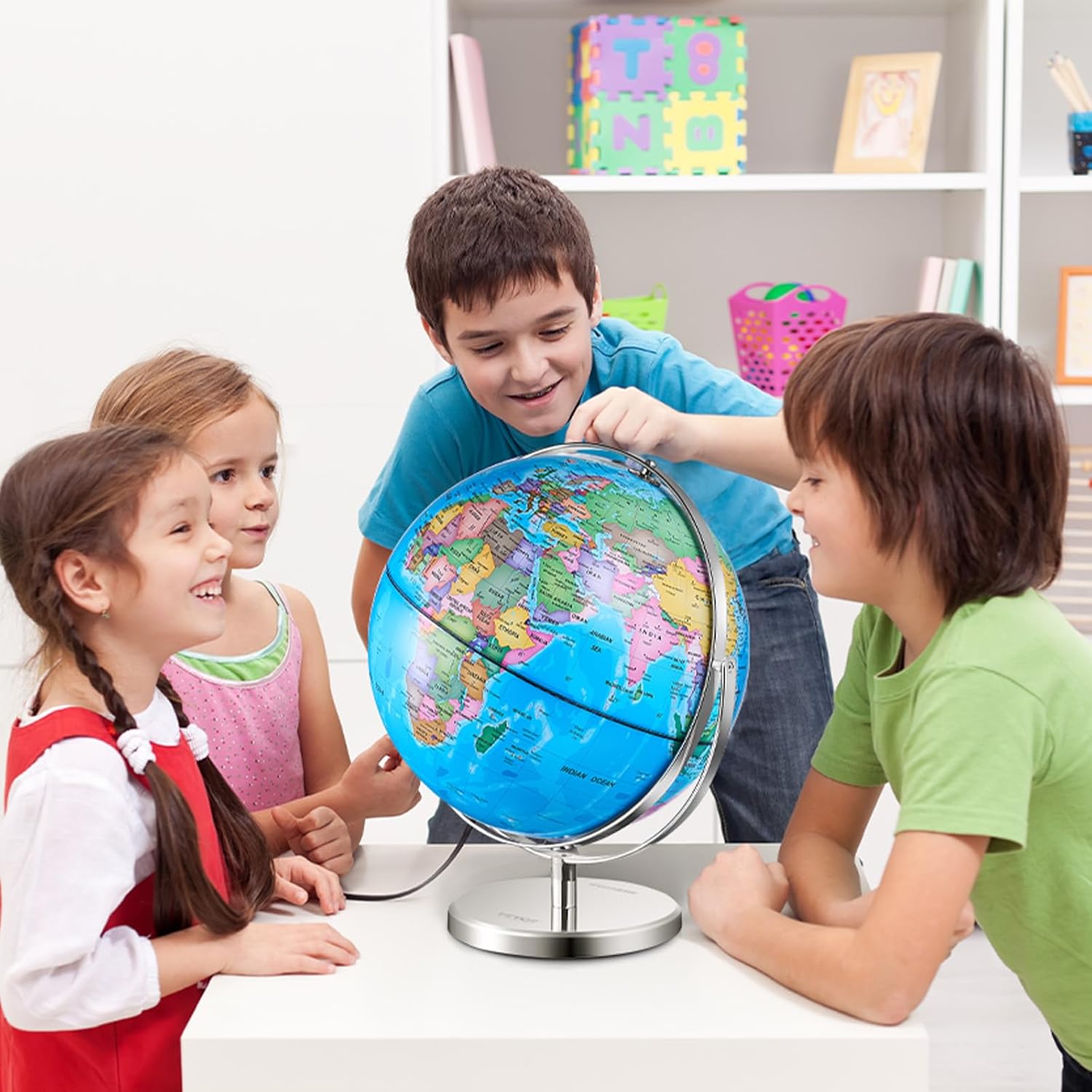 Educational Blue and Silver LED World Globe with Metal Stand
