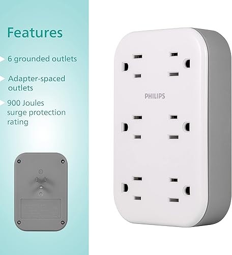 Miniatura 2 de Extensor de toma de corriente Philips EZFit 6 tomas con protector contra sobretensiones, toma de pared, tomas espaciadas con conexión a tierra, 900