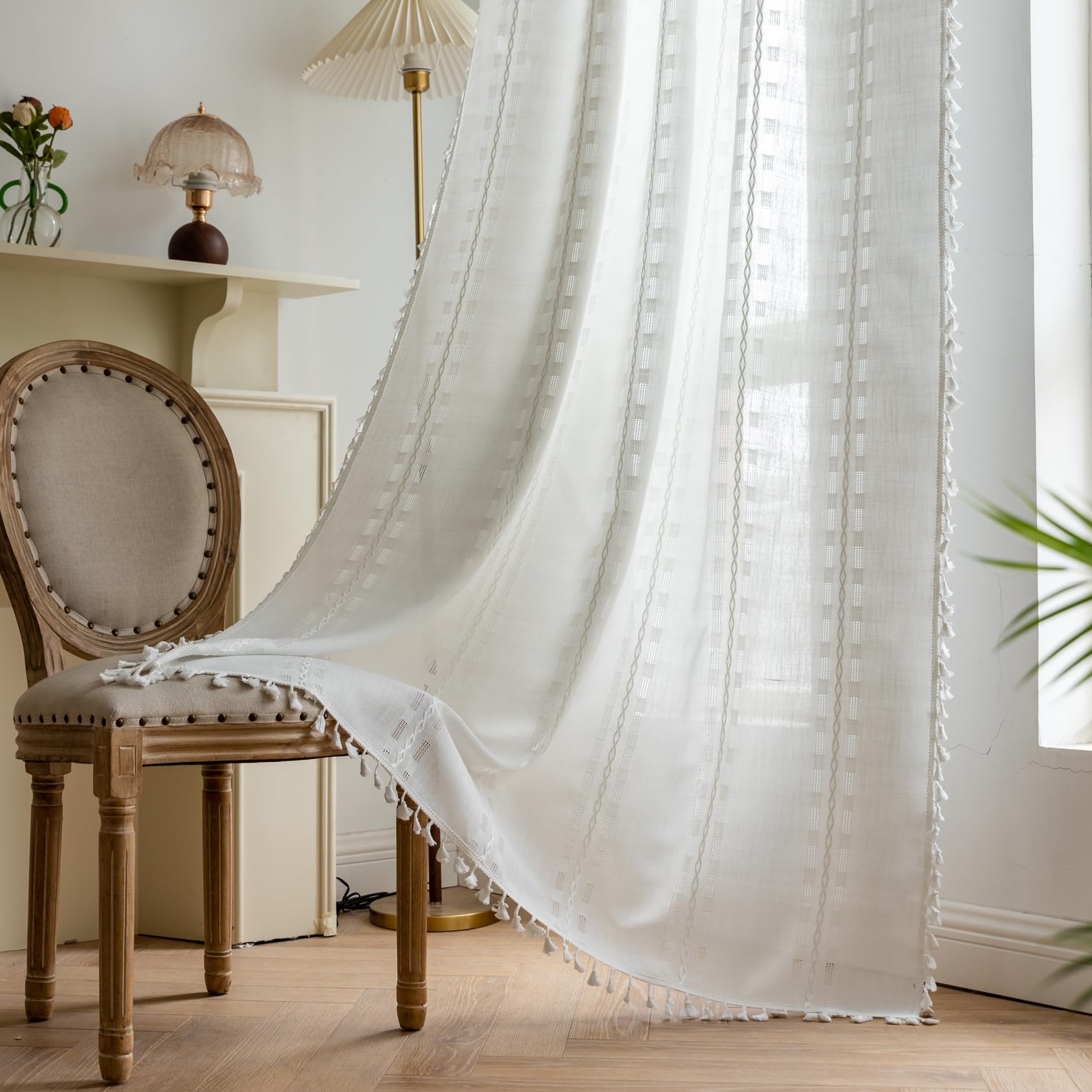 White Boho Curtains 84 inch Long 2 Panels for Living Room Bedroom Nursery, Vintage Embroidered Striped Linen Sheer Farmhouse Light Filtering Drapes Privacy Bohemian Neutral Window Decor,W52xL84
