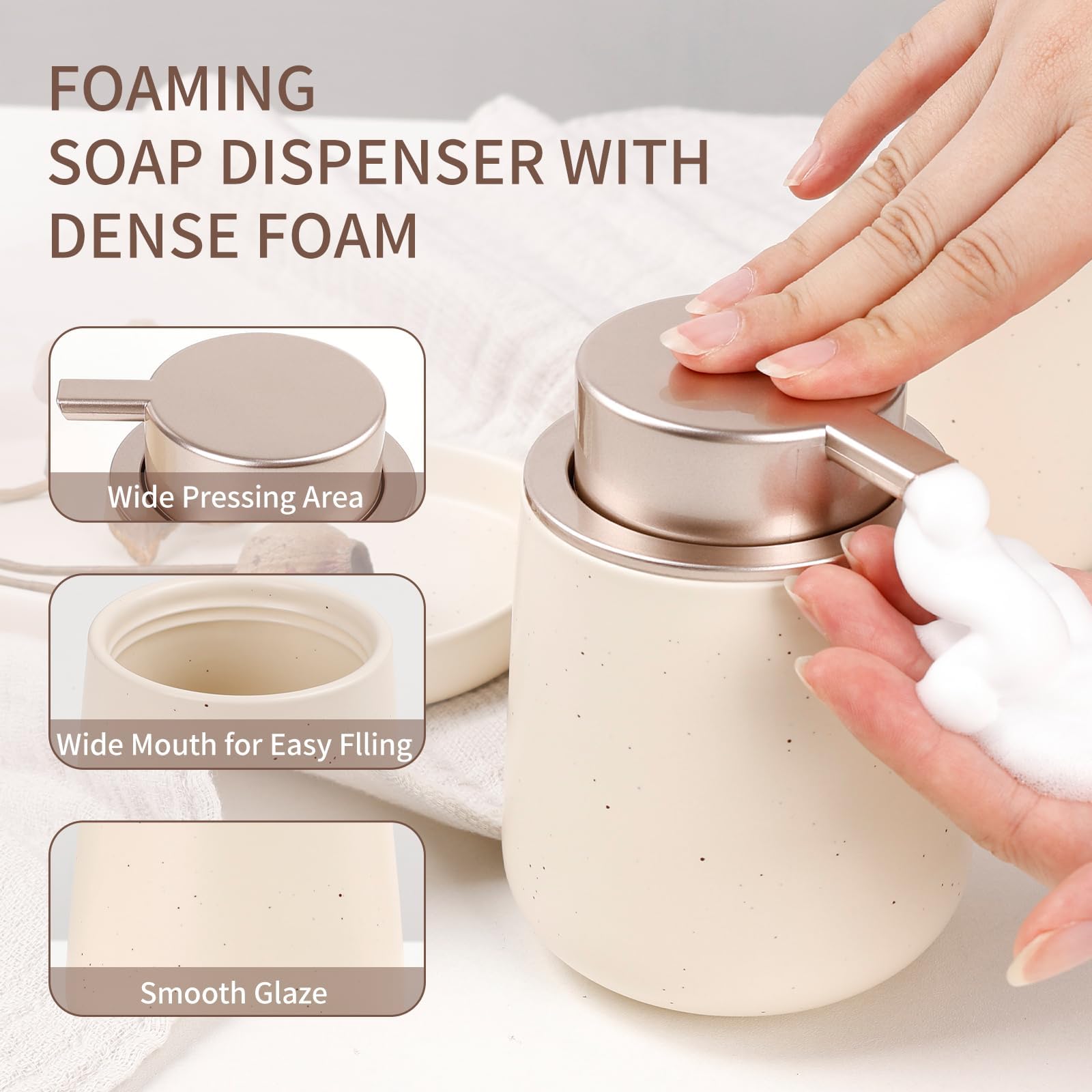 BosilunLife Juego de accesorios de baño de 3 piezas, dispensador de jabón de baño de espuma de cerámica, decoración de baño negra, dispensador de jabón de espuma y soporte para cepillo de dientes/vaso