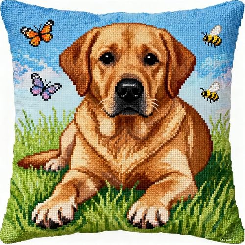 Axiangzik 003 Do It Yourself Latch Hook Kit Pillow,Cute Labrador Retriever,Latch Hook Cushion Kits Pillow Crochet Hobby & Crafts Diy Embroidery Cushion Cover,17X17in