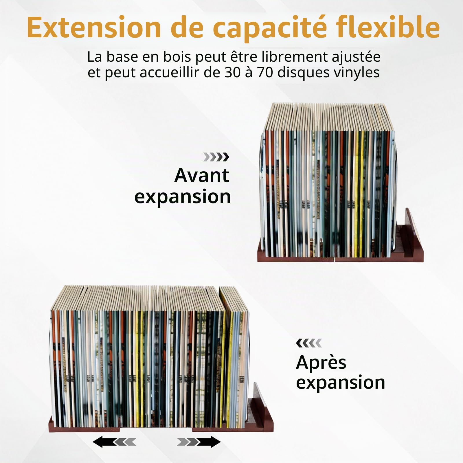 Support de rangement pour disques vinyles évolutif, rétro, pour 30 à 70 vinyles, support en bois et métal, support LP pour CD, albums, avec 5 poches intérieures