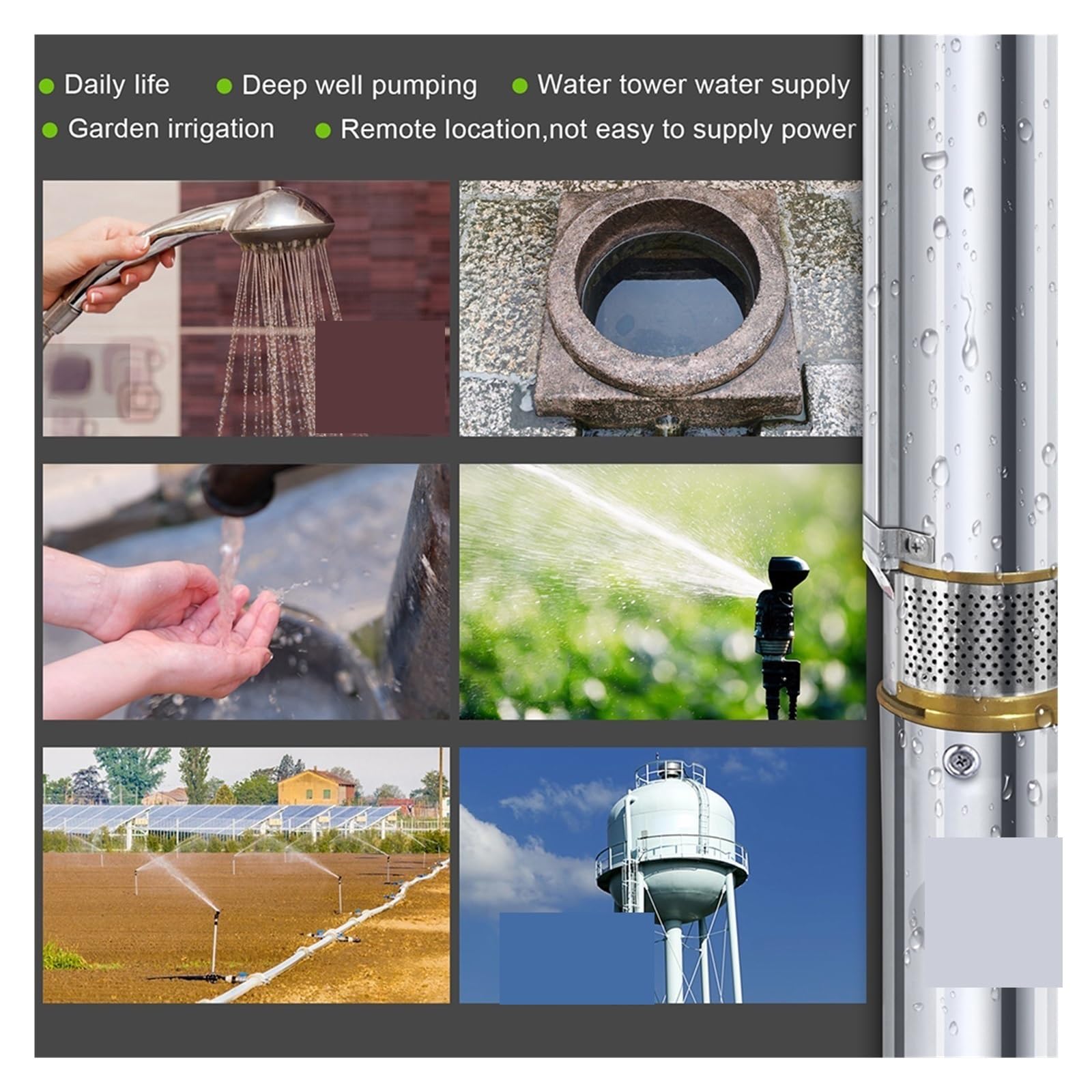 Pompa per fontana solare all'aperto, Pompa ad acqua solare for pozzi profondi Pompa ad acqua sommergibile for la casa Motore sincrono solare senza spazzole Tasso 5T / H 50M Testa for Agricu