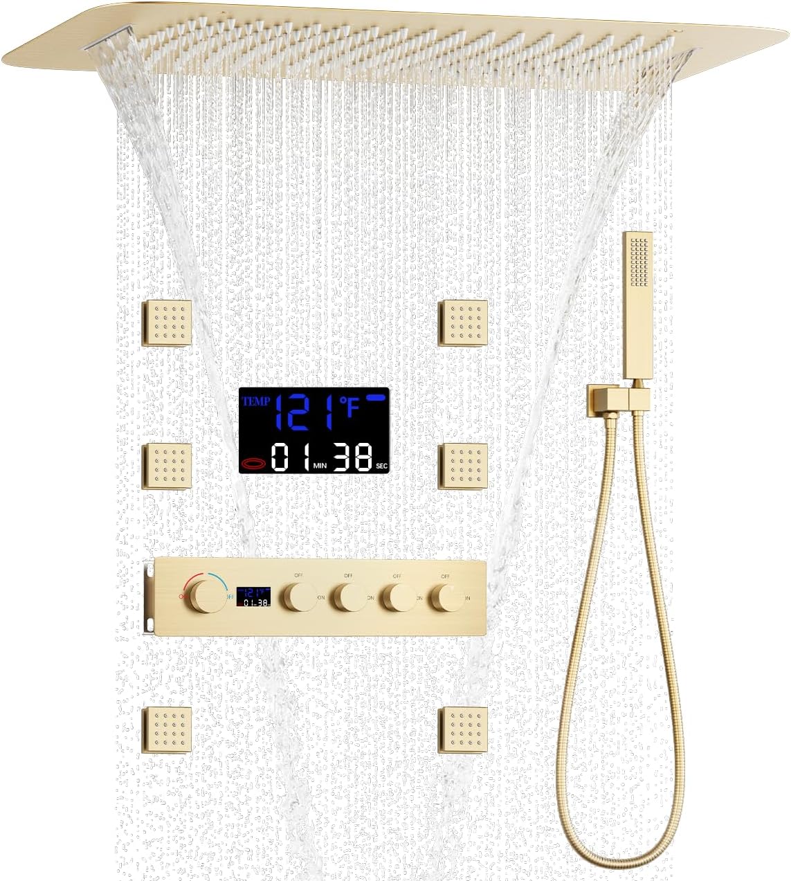 AYIVG 16 * 24 Inch Multi Shower Head Thermostatic Shower System with Body Spray Brushed Gold Waterfall Rainfall Shower System With Digital Display Shower Valve And Hand Shower And Body Nozzle