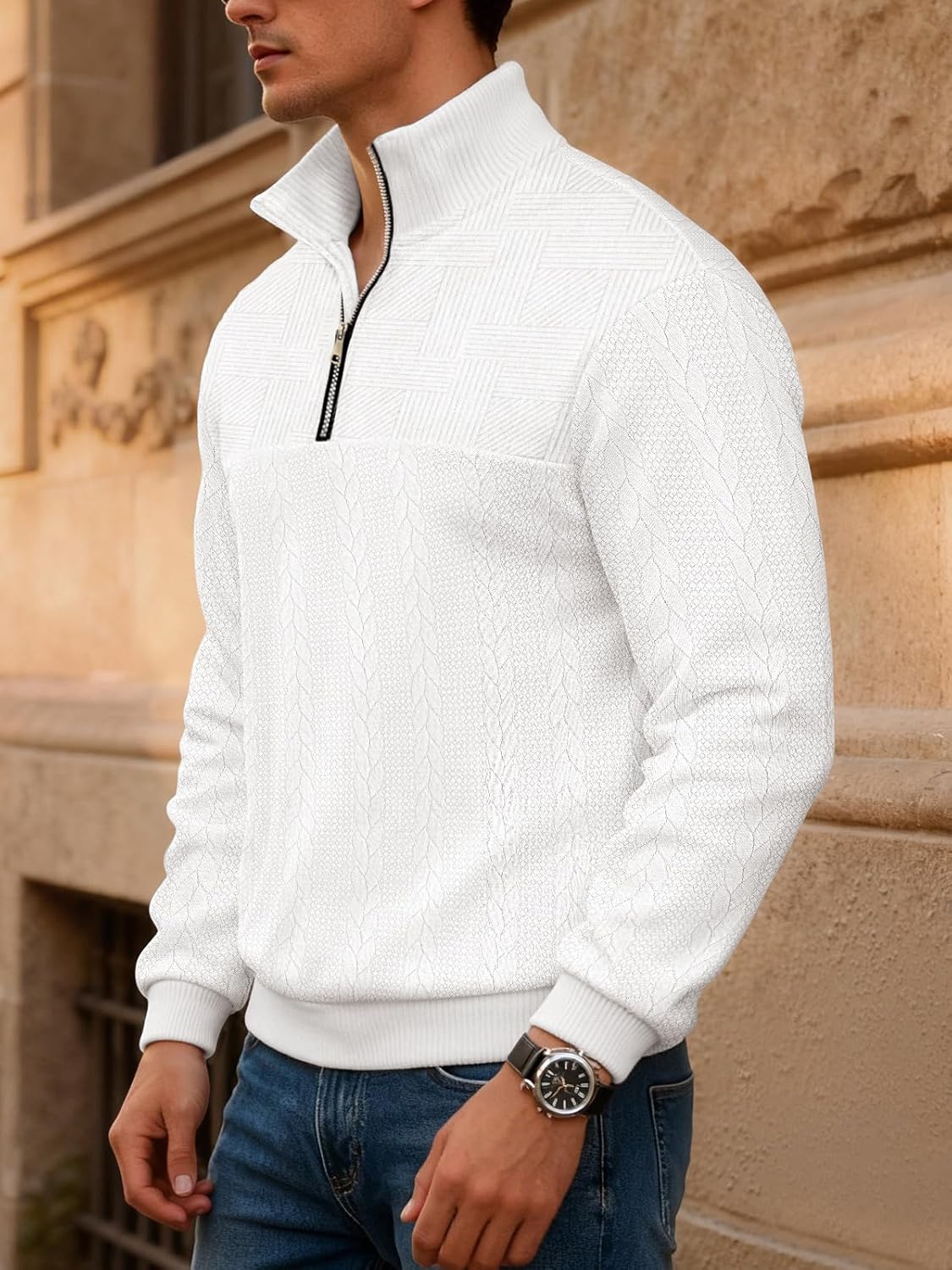 Mens Quarter Zip Sweater Men Quilted Sweatshirt Pullover Knit Long Sleeve Mock Neck Sweatshirt - Image 4