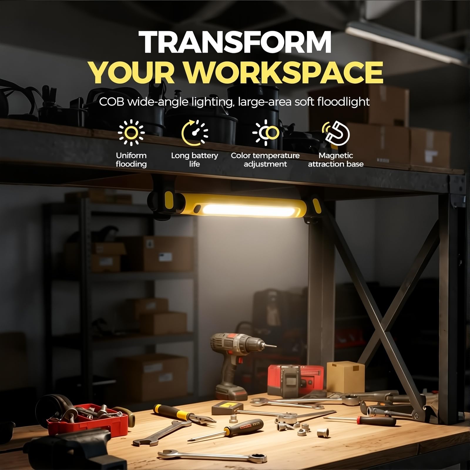 Luz de trabajo recargable de 3000 lm, lámpara de inspección magnética portátil debajo del capó, 3 modos de color, ajustable en 360° para uso en garaje y taller