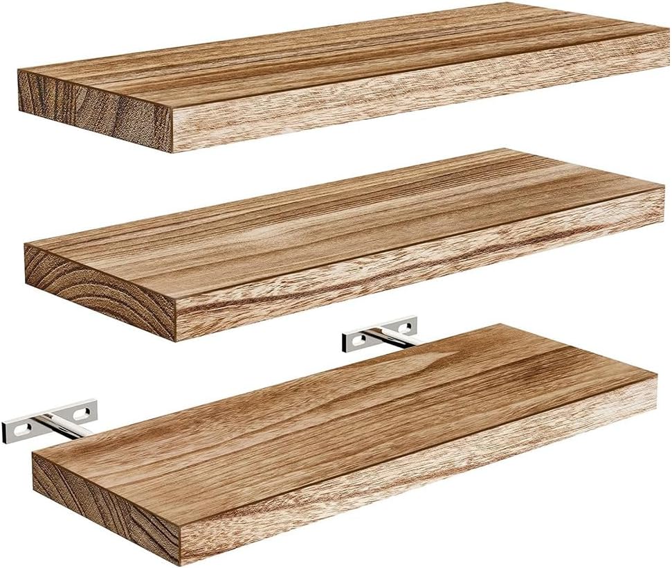 Floating Wall Shelf 40cm Display Rack Decorative Hanging Shelf Bookshelf Wooden Shelves Set of 4 for Living Room Bedroom Office Kitchen (3 Tier)