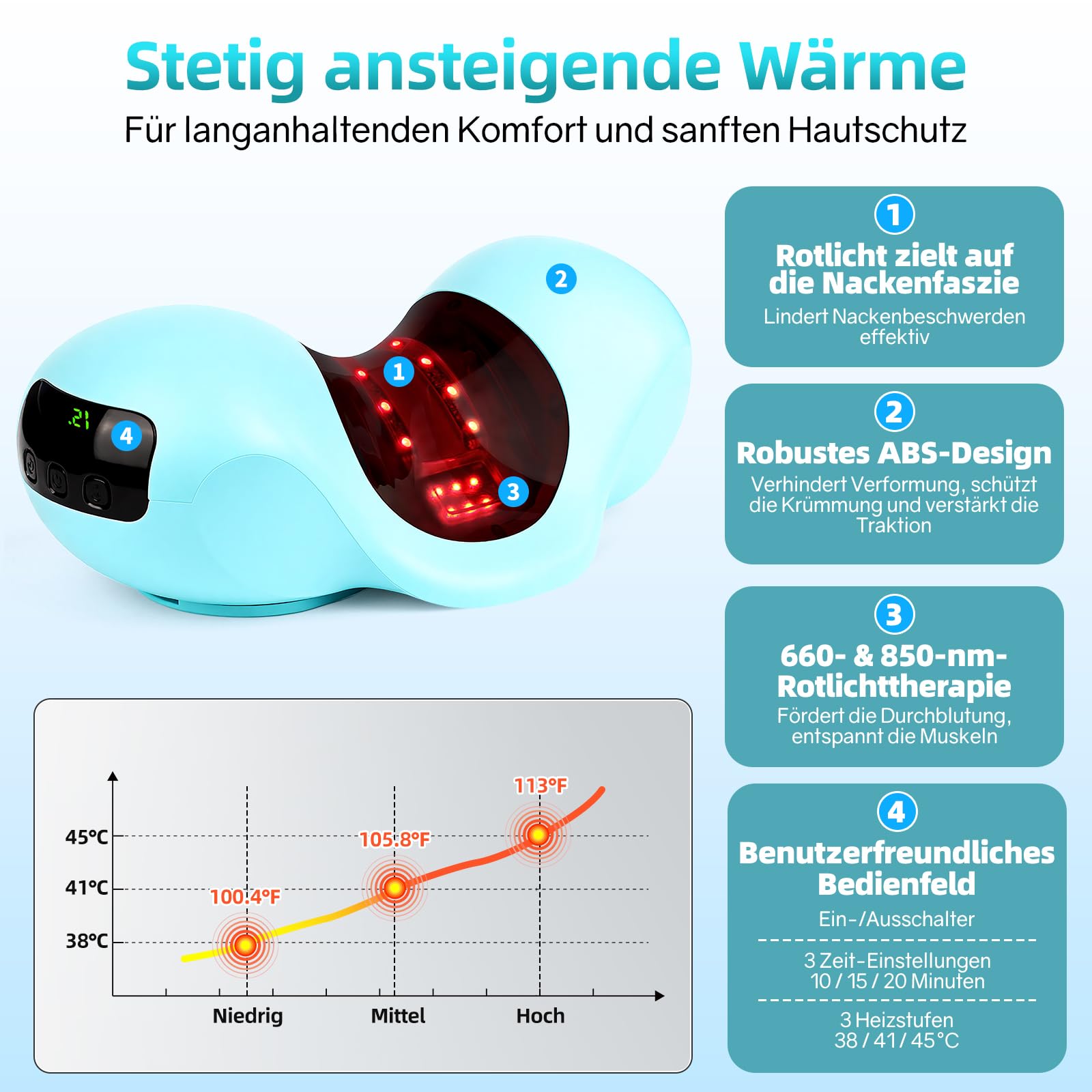 Nackenstrecker mit Wärmetherapie & Rotlichttherapie 660 nm & 850 nm, Verspannungen und Steifheit im Nacken lösen, mit 2 Polsterkissen, Nacken Traktionsgerät für Personen mit Nackenermüdung