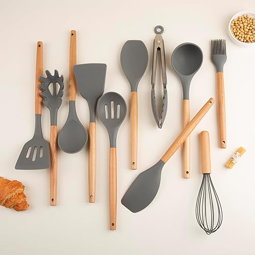 Miniatura 8 de Juego de utensilios de cocina de silicona, juego de utensilios de cocina con mango de madera de haya de alta calidad, antiadherentes, espátula,