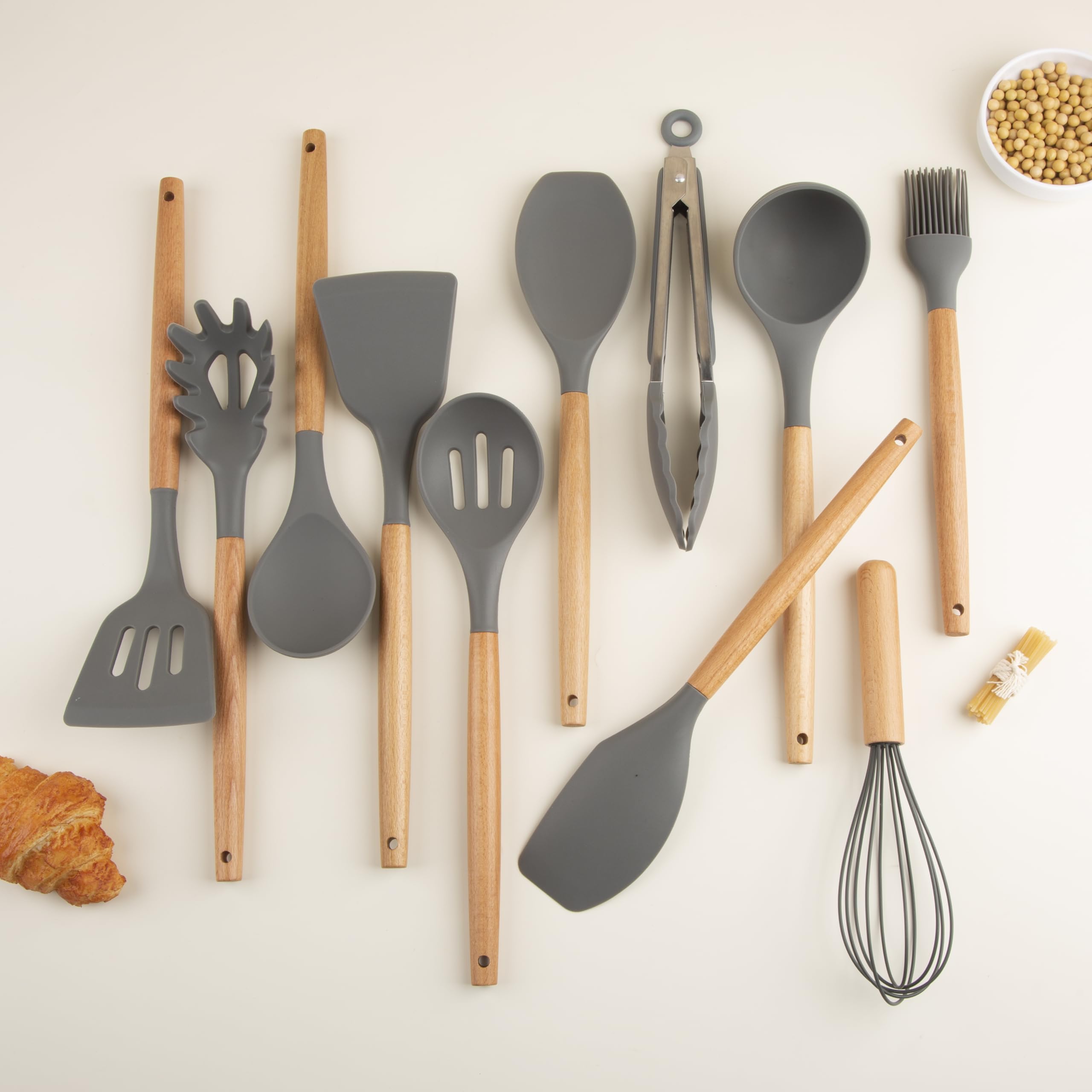 Juego de utensilios de cocina, resistentes a 230.0 °C, 12 piezas de silicona antiadherente, juego de espátulas con soporte, mango de madera de haya de alta calidad, juego de utensilios de