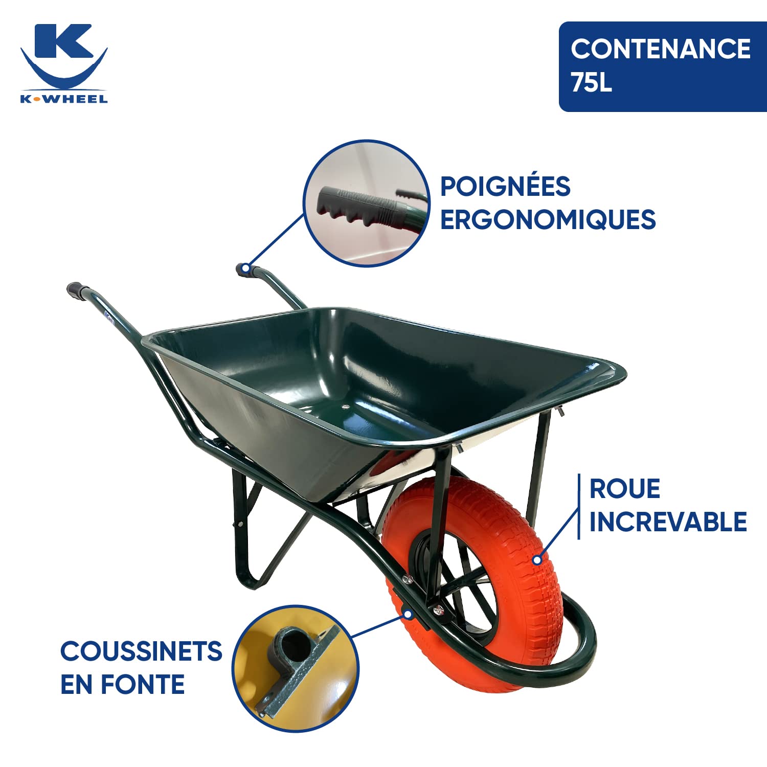 KELI - Brouette Rénovation Roue Increvable, 75L, Chariot de Transport, Poignées Ergonomiques, Usage Intensif