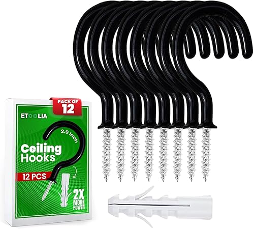 12 ganchos de techo para plantas colgantes – 2.9 pulgadas resistentes, ganchos colgantes para luces de Navidad, tazas, decoraciones, gancho de