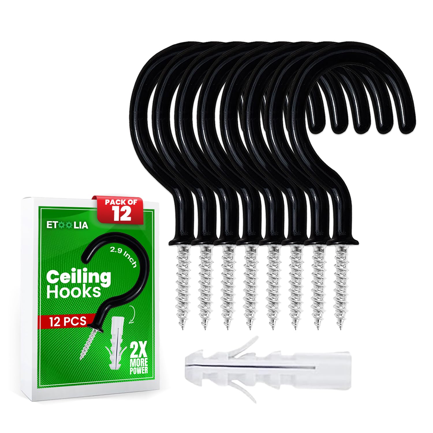 Etoolia Ceiling Hooks For Hanging Plants Cups Utensils And Lights 12 Pcs 2.9 Inches Black Vinyl Coated Screw In Plant And Cup Hooks For Wooden And 718115009596