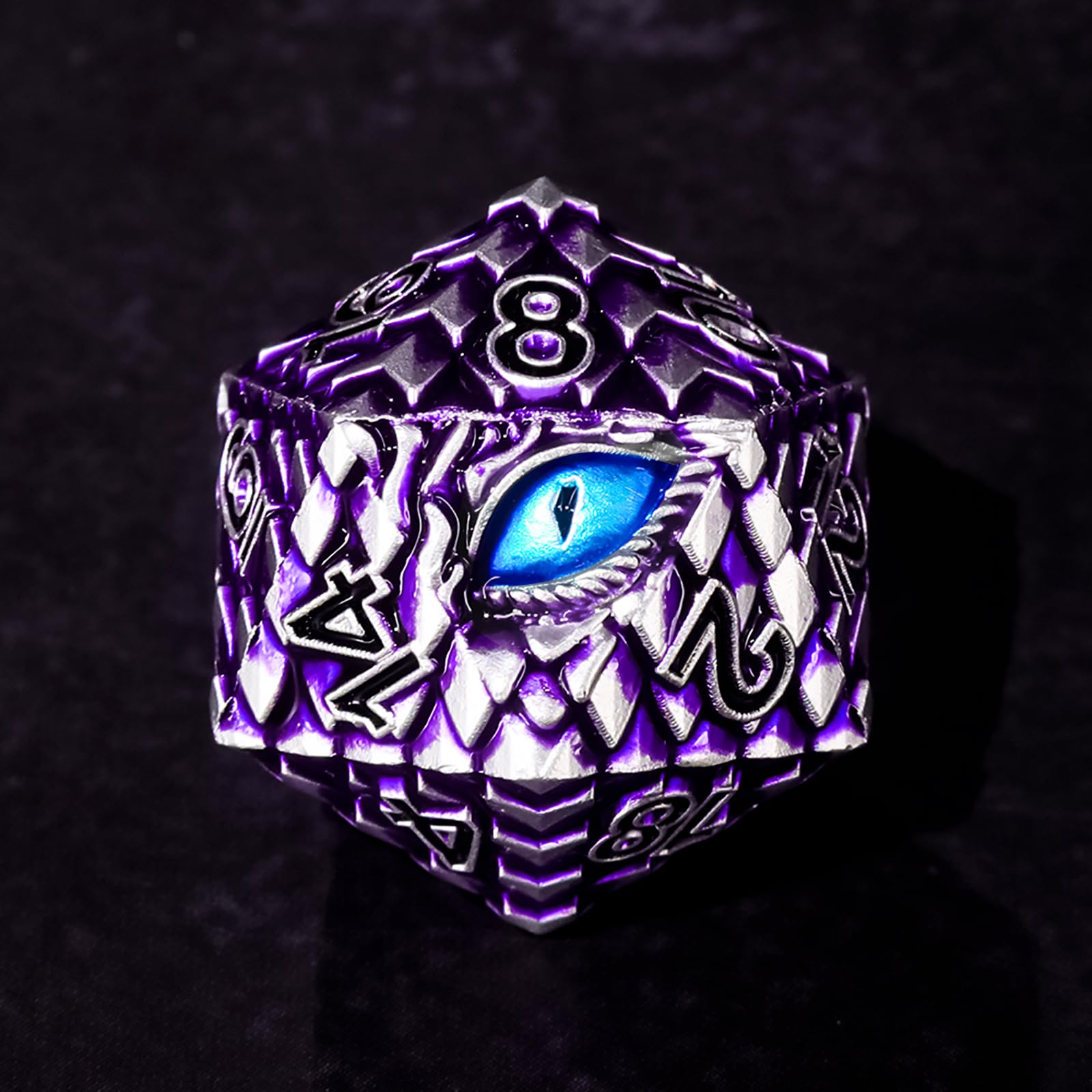 Zestaw metalowych kości D&D, 7 szt. smoczej łuski, metaliczny zestaw kości DND, metalowe kości Dragon Eye z wspaniałym etui prezentowym do gry stołowej Dungeons i Dragon (fioletowa skala smoka i