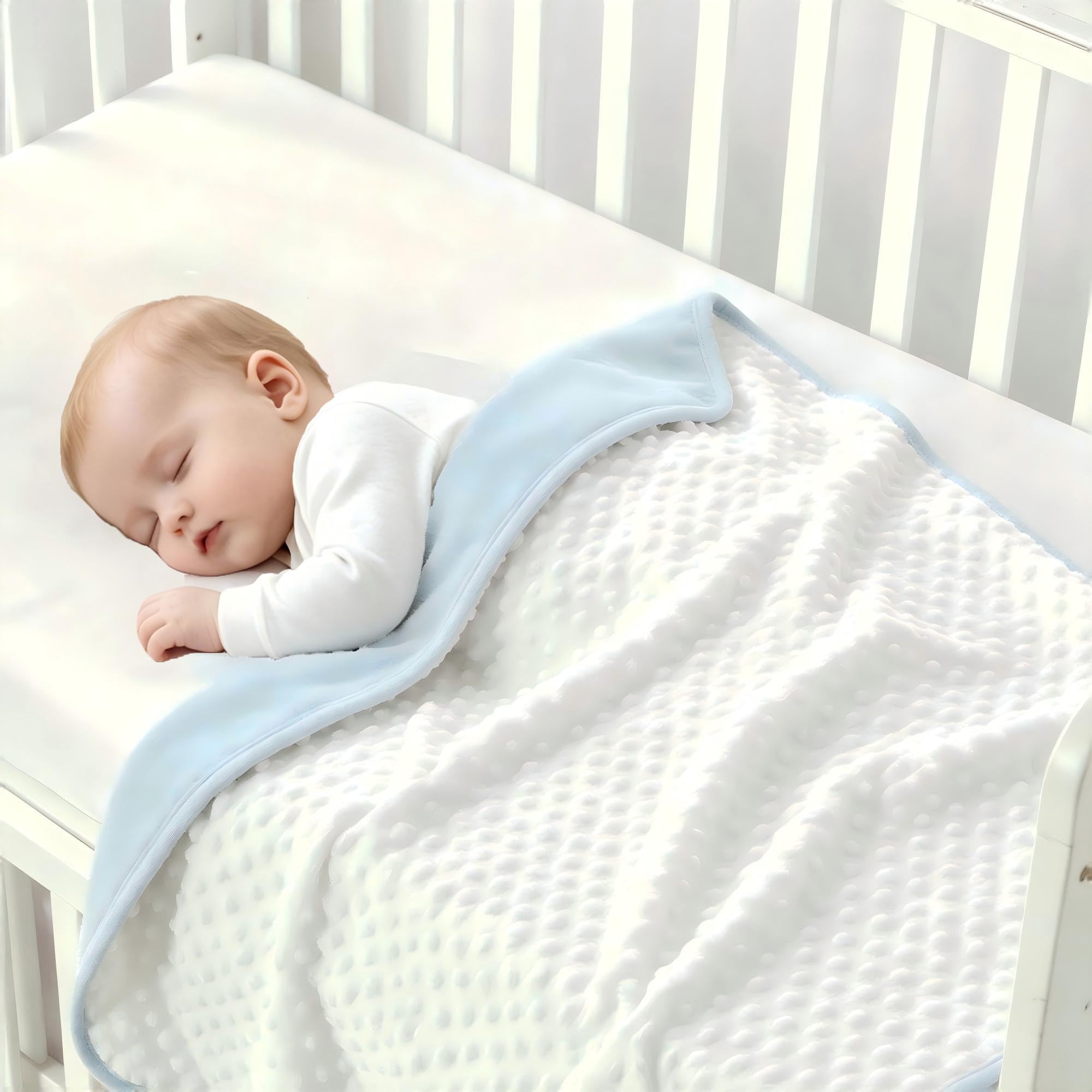 CREVENT Mink Baby Blanket for Girls Boys, Soft Plush Receiving Blanket for Newborns - 75cmX100cm (Blue + White)