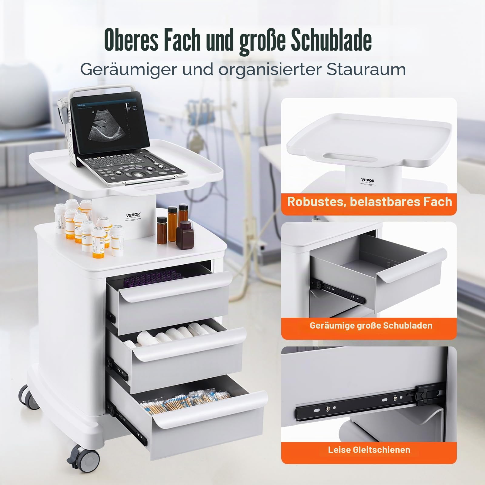 VEVOR Laborwagen Medizinwagen mit 3 Schubladen und 1 oberer Ablage, Rollbarer Laborwagen ABS-Material, 50 kg belastbarer Servierwagen Medizinischer Wagen für Labor, Klinik, Krankenhaus, Salon, weiß