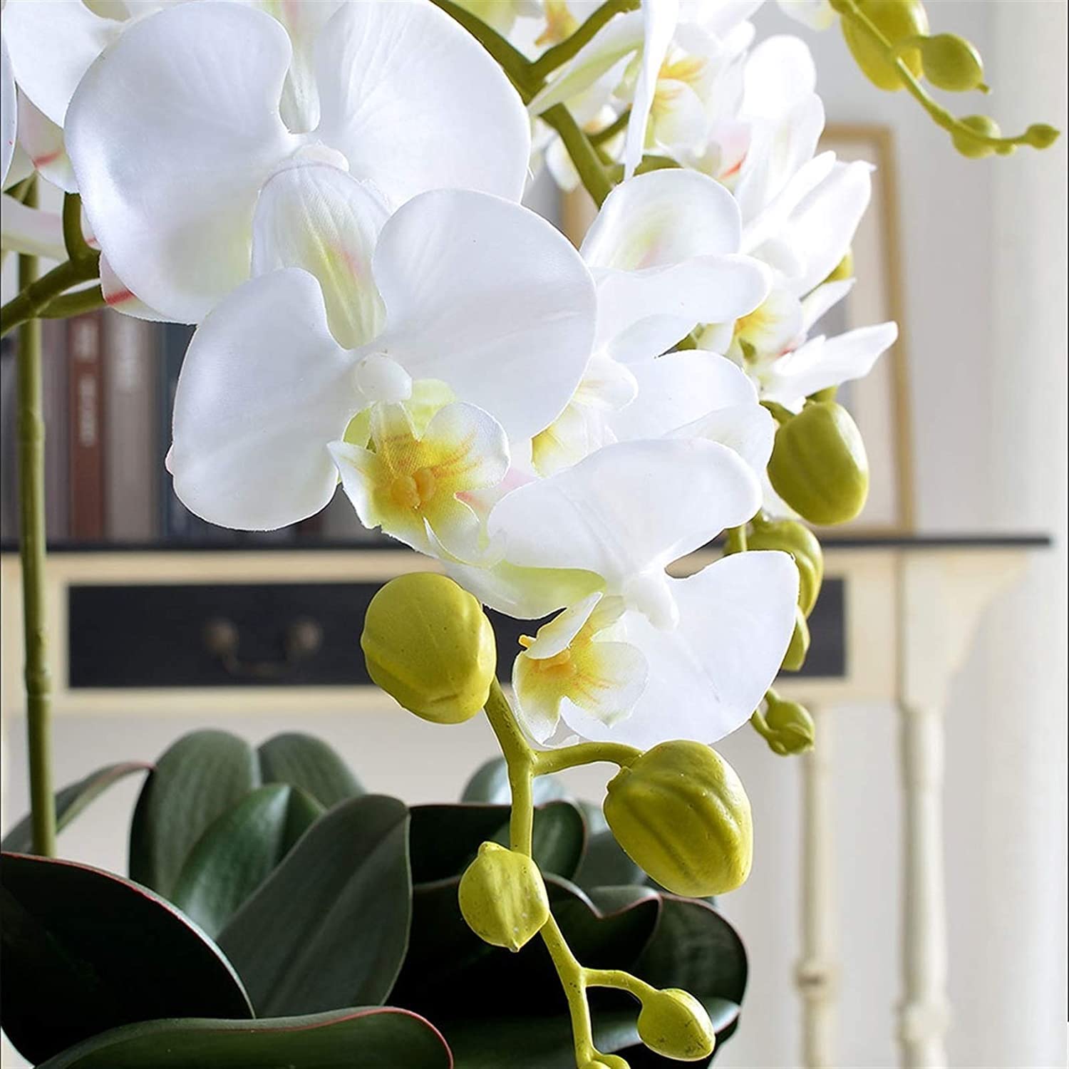 Flores Artificiales Orquídea Flores Artificiales Phalaenopsis Tela de Seda de Caucho Orquídeas Artificiales Jarrón de Porcelana Orquídeas Plantas Artificiales Aspecto Natural, D