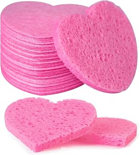 50 Pack Compressed Natural Cellulose Facial Sponges - Heart-Shaped Pink for Cleansing, Exfoliating, Makeup Removal, All Skin Types
