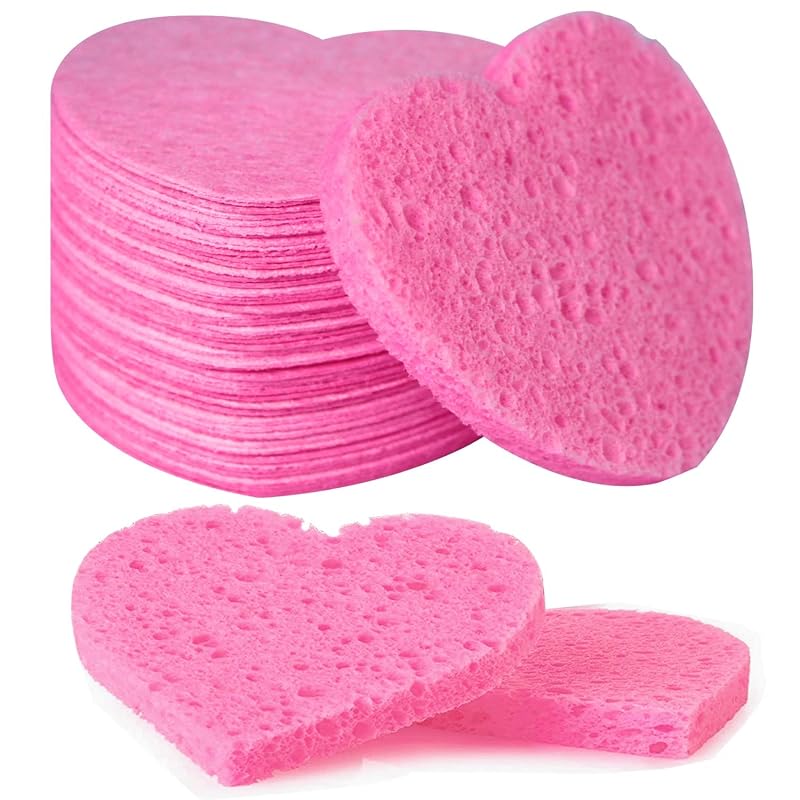 Esponjas faciais comprimidas em formato de coração Spunspon, rosa, pacote com 50
