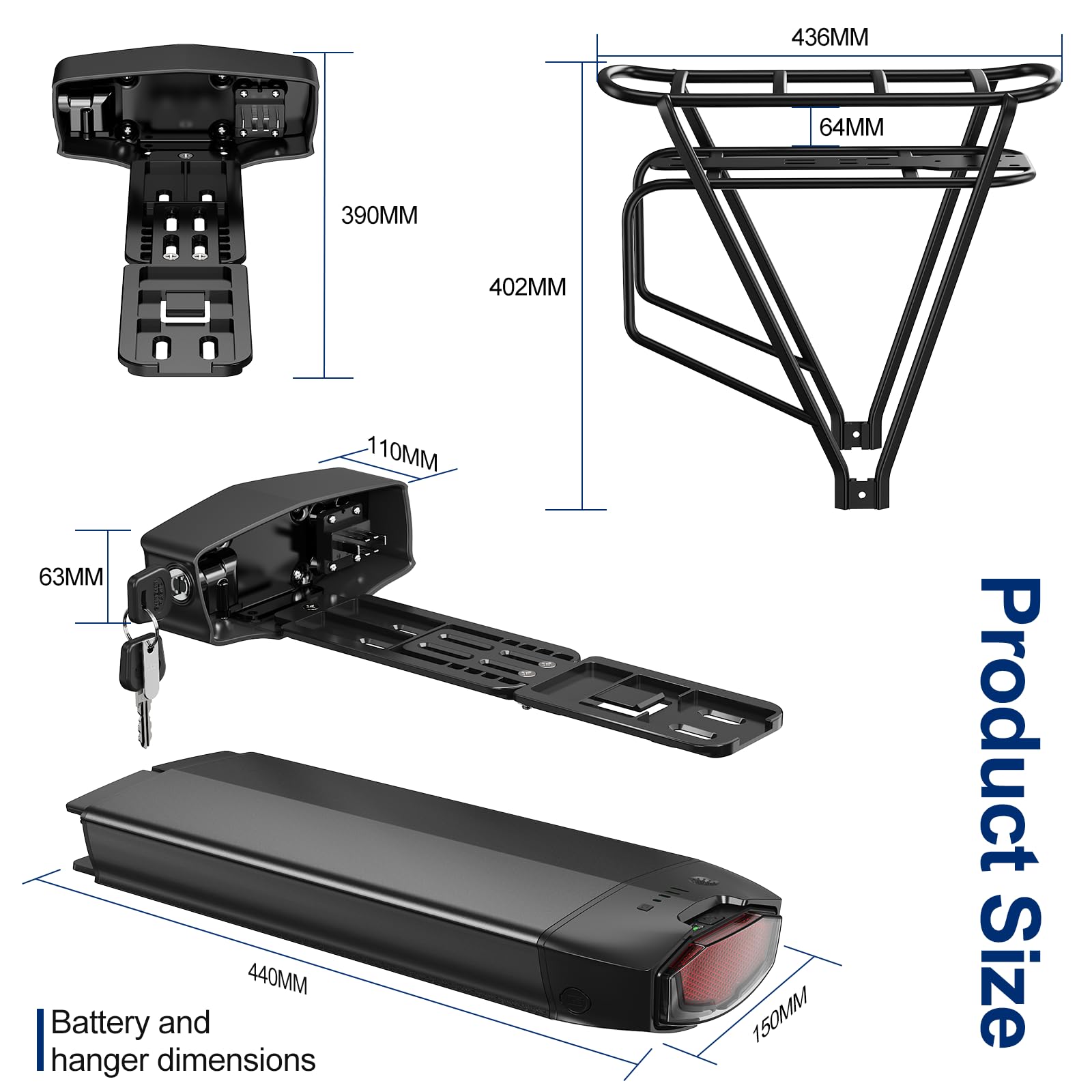 Batterie pour vélo électrique 48V avec Porte-Bagages arrière 14Ah Min Batterie de Rechange pour vélo de Ville, Compatible avec des Moteurs de 50W à 1000W