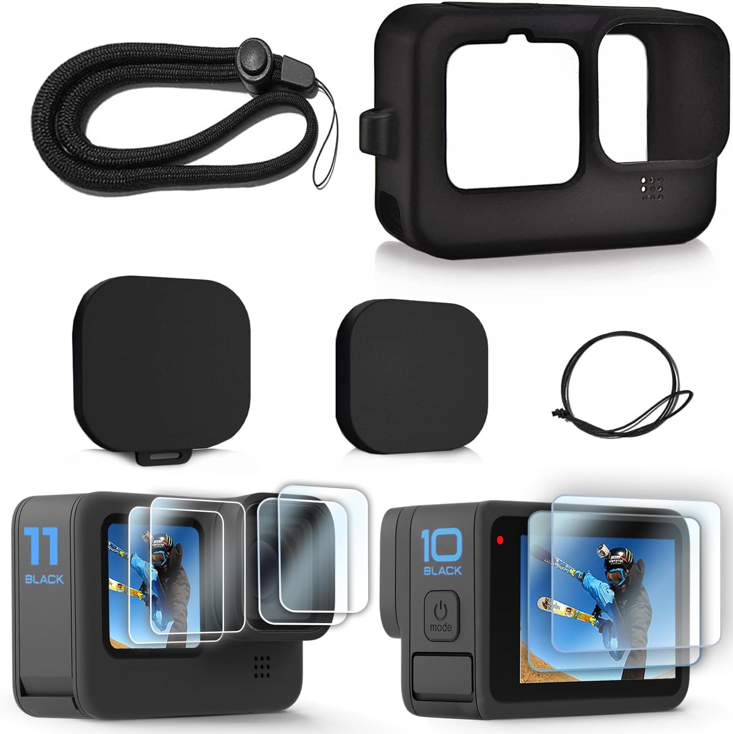 FitStill Silicone Rubber Case+2-Pack (6pcs) Tempered Glass Protector Compatible for Go Pro Hero11 / Hero10 / Hero9 Black,Soft Sleeve Cage Housing with Lens Cover Cap Lanyard Accessories Bundle Kit