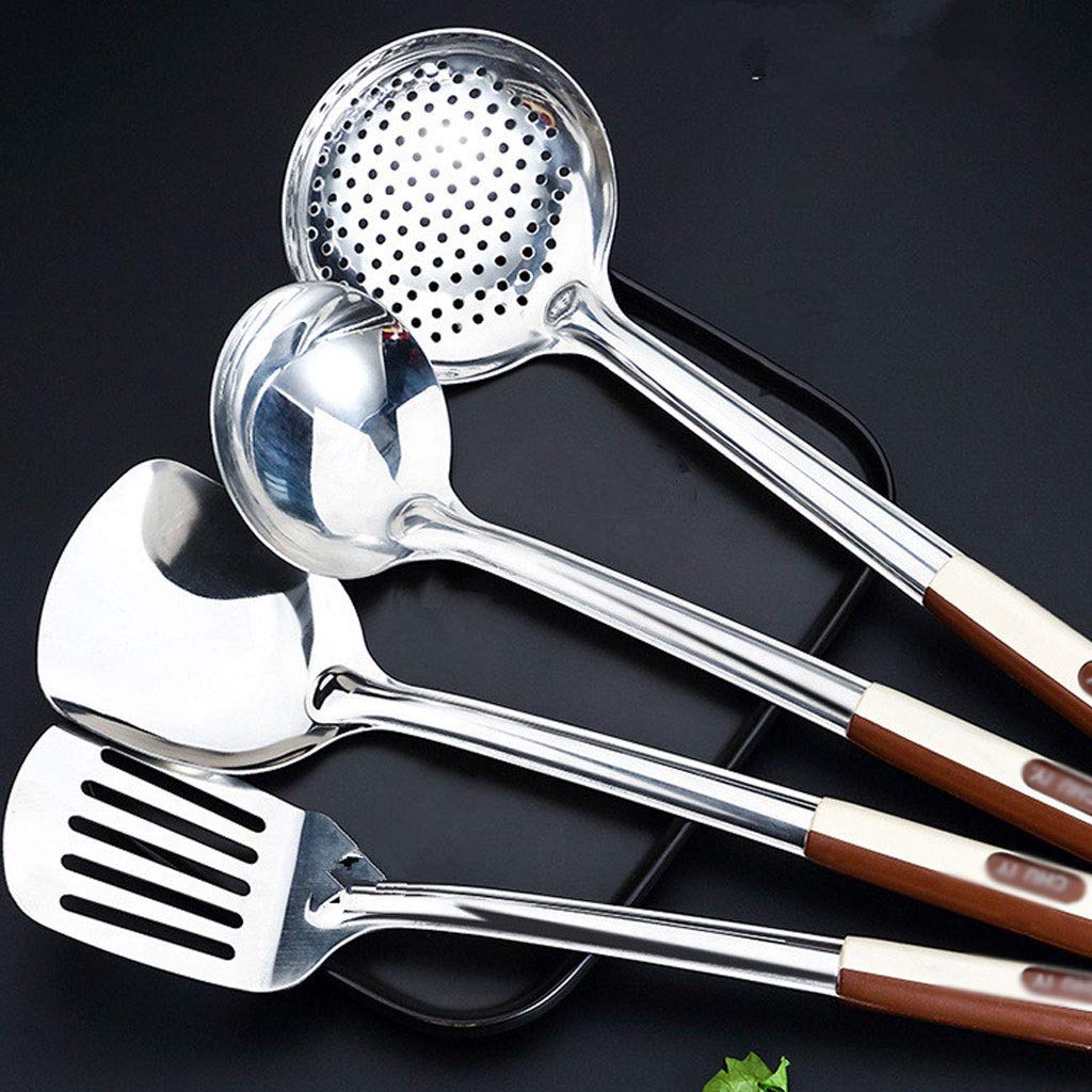 SKUZA Juego de Utensilios de Cocina, 4 Piezas de Utensilios de Cocina de Acero Inoxidable, espátulas for Carne frita, Pala, Cuchara de Sopa, espátula ranurada, cucharones, Herramienta de Cocina