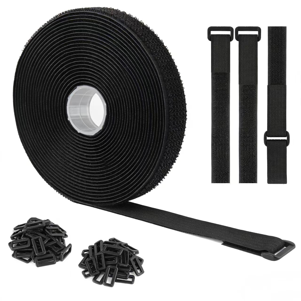 Adjustable Cable Straps 5m x 2cm with 30 Buckles Self Adhesive Tape Strips Reusable Cable Ties for Wire Cord Cable Management, Wire Organiser Cord Organiser Black