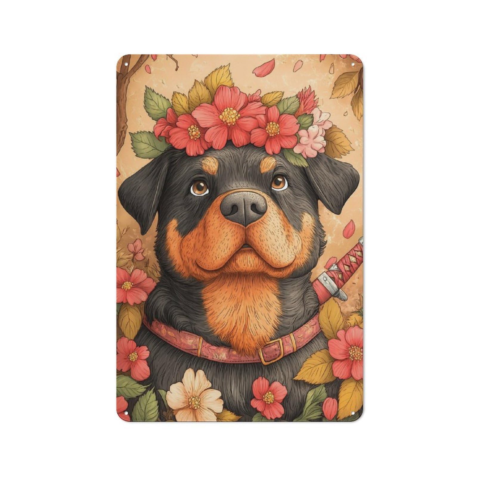 Junmoney Rottweiler With Flowers Animal Metal Wall Sign 30X20cm, Retro Decor For Hallway Wall, For Wall Display Collectors