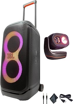 JBL PartyBox Stage 320 240W Portable Wireless Speaker Black, 18 Hour Battery, Splash Proof + Partylight Beam + AUX Cable + Microfiber Cloth