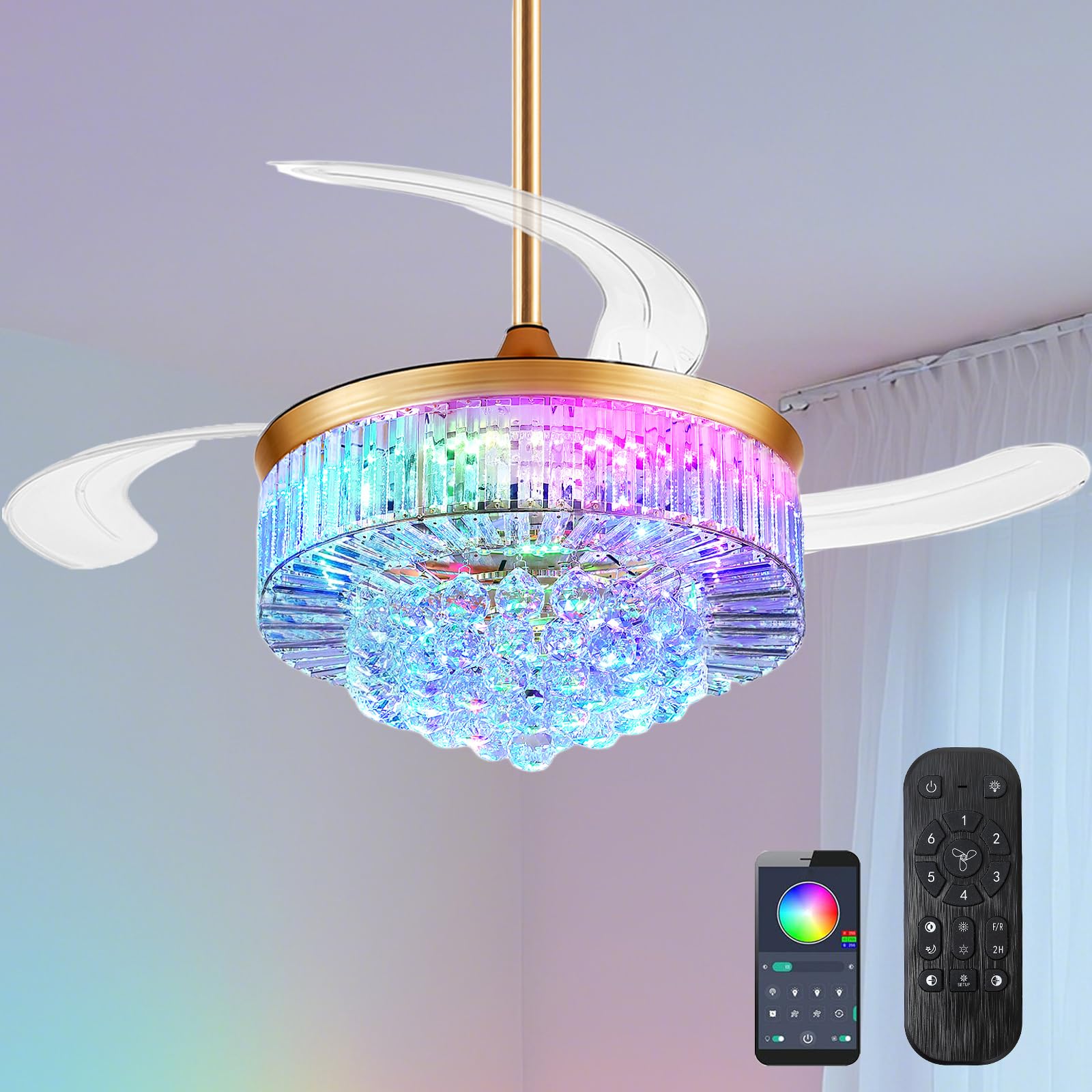 42 Inch Crystal Fandelier Ceiling Fan with RGB Lights