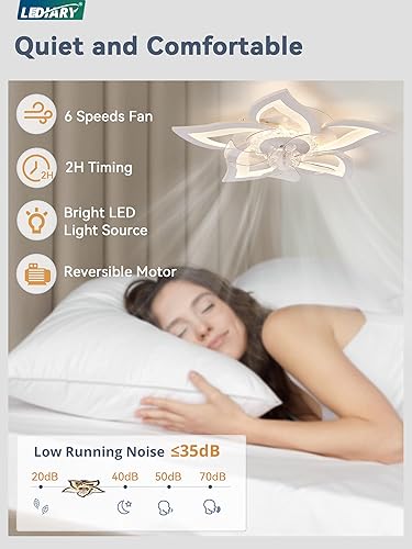 Miniatura 10 de LEDIARY Ventiladores de techo de flores con luces, pequeño ventilador de techo moderno de perfil bajo de 27 pulgadas, lámpara de techo LED