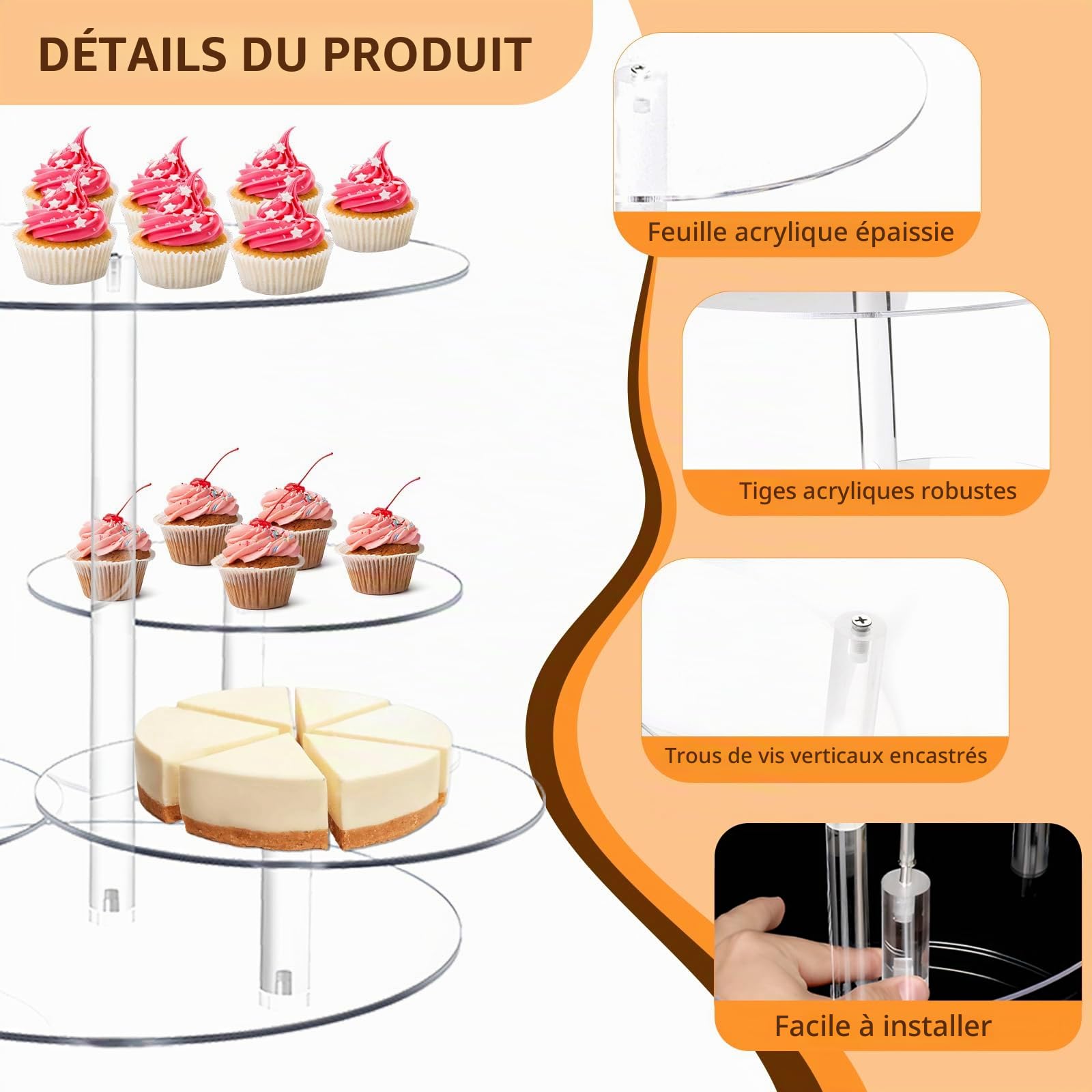 Présentoir à gâteaux rond en acrylique à 4 étages pour gâteaux de 20 à 30 cm, support de gâteau pour fête, événement, réunion de famille