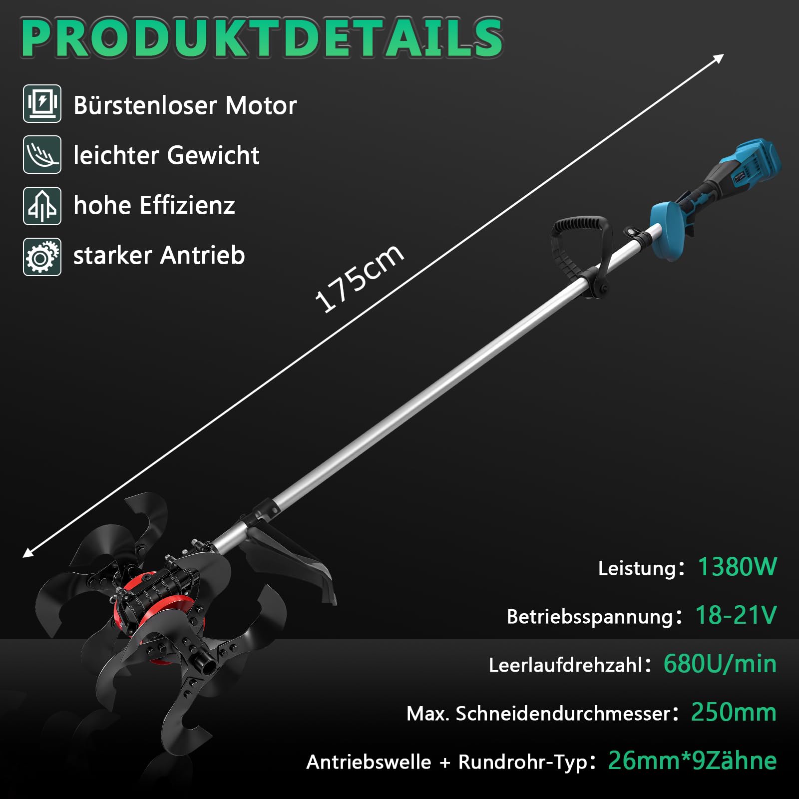 2 In 1 Akku Bodenhacke und Rasentrimmer Kompatibel mit 2 x 4Ah Akkus, Akku Motorhacke mit 25cm Arbeitsbreite & 23cm Arbeitstiefe, 12 Rostbeständige Messer für Bodenbearbeitung und Gartenarbeit