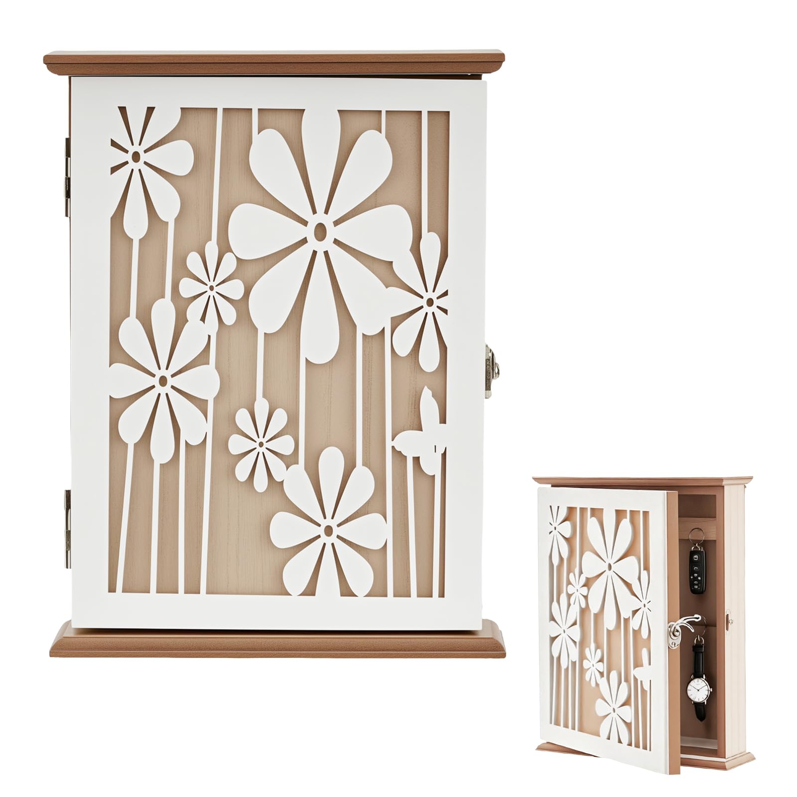 Cassetta Portachiavi Legno, Elegant Daisy Portachiavi da Parete Vintage Porta Chiavi da Muro Chiuso 26 X 20 X 6cm con 6 Ganci Può Contenere Piccoli Oggetti Adatto per Ingressi (Margherita Bianca)