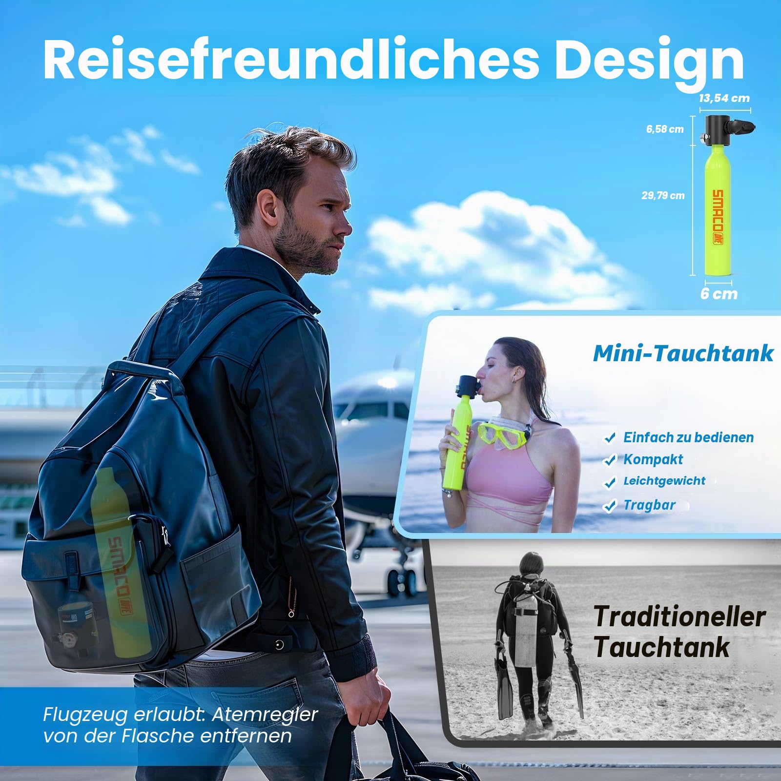 SMACO Mini Scuba Tank 0,5L Tragbarer kleiner Tauchtank für Unterwasseratmung Wiederverwendbarer Tauchzylinder bis zu 10 Minuten Tauchzeit Lung Tauchen Tank Notrettung Pony Flasche S300