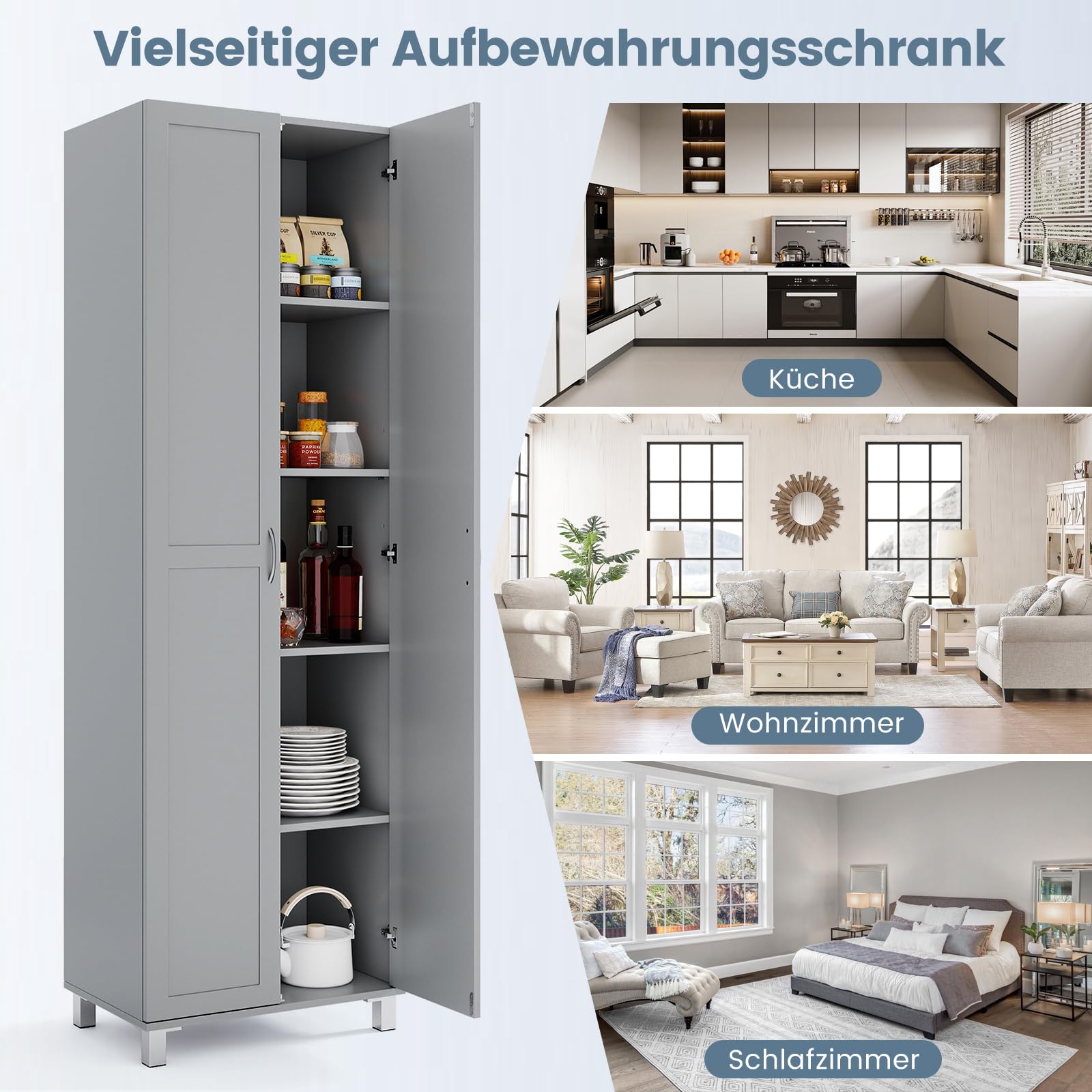COSTWAY Küchenschrank hoch, 187 cm, Vorratsschrank mit 2 Türen & verstellbarem Regal, Mehrzweckschrank modern, Hochschrank Buffetschrank, für Küche Esszimmer Wohnzimmer (Grau)