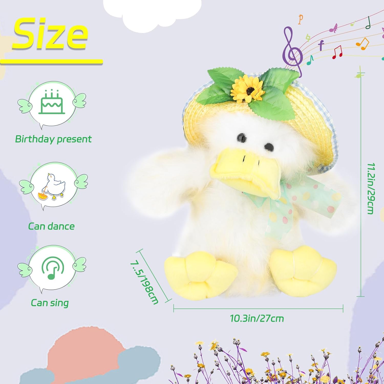 Singing Dancing Duck Toy for Kids, 12 Inch Musical Stuffed Animal with Flapping Wings and Shaking Body, Easter Basket Baby Toy, Funny Birthday Gift for Toddlers