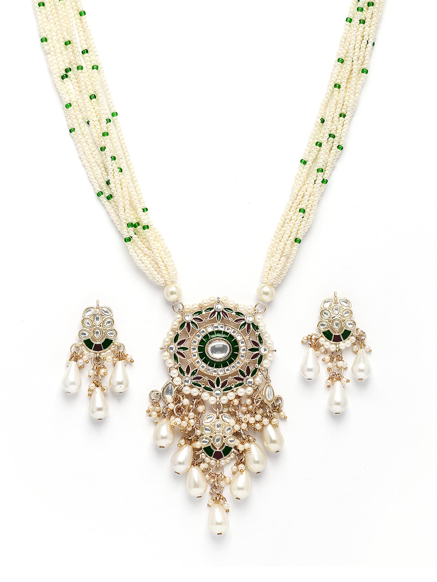Red & Green Beaded Long Kundan Rani Haar Necklace Set for Women-image-23